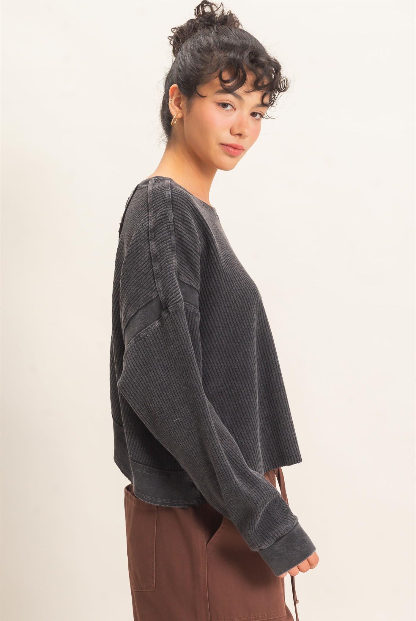 Wholesale Mineral Wash Waffle Open Back Top Clothing Tops DZ26C964 BLACK DOUBLE ZERO