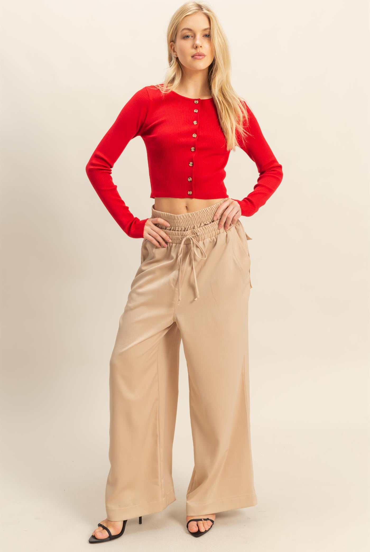 Wholesale Button-Up Ribbed Knit Top Sweaters HF25E930 RED HYFVE