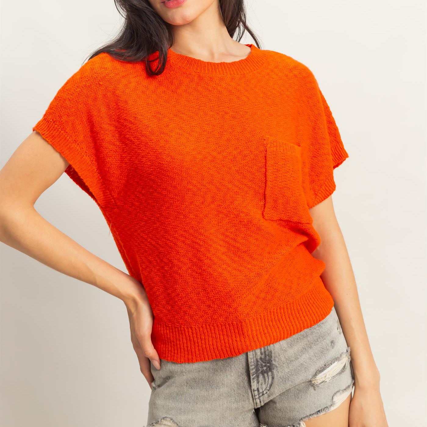 Wholesale Front Pocket Lightweight Sweater Top Clothing Tops DZ25A876 TOMATO DOUBLE ZERO