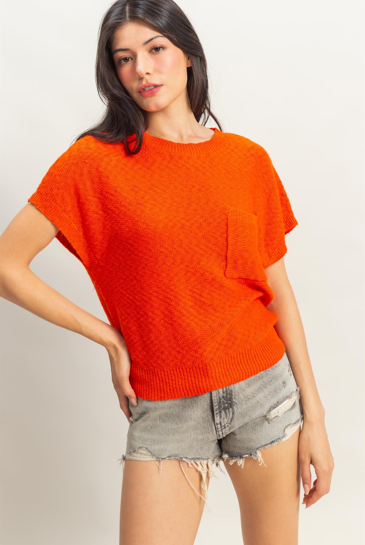 Wholesale Front Pocket Lightweight Sweater Top Clothing Tops DZ25A876 TOMATO DOUBLE ZERO