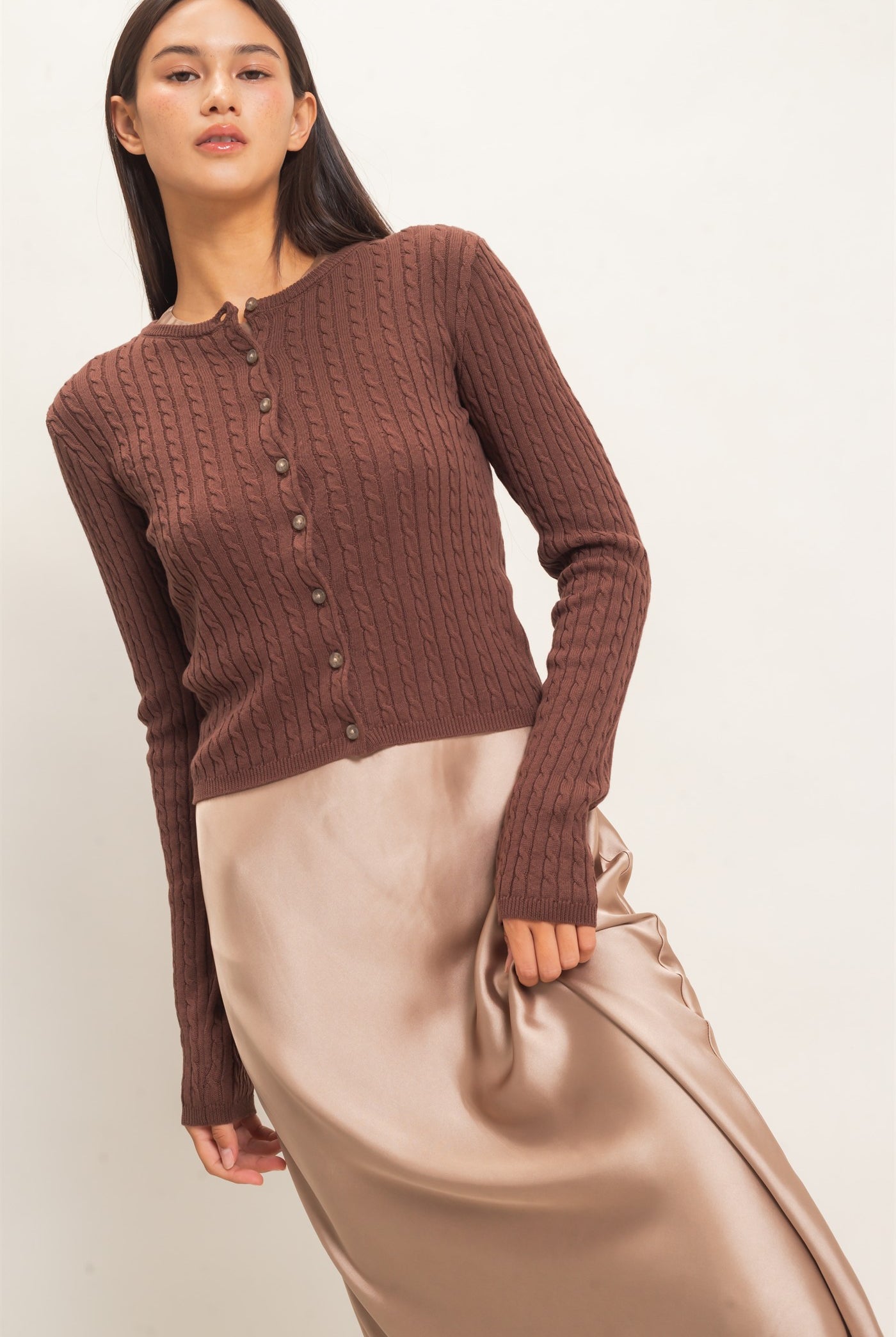 Wholesale Cable Knit Cardigan Cardigans DZ26E256 DARK BROWN DOUBLE ZERO