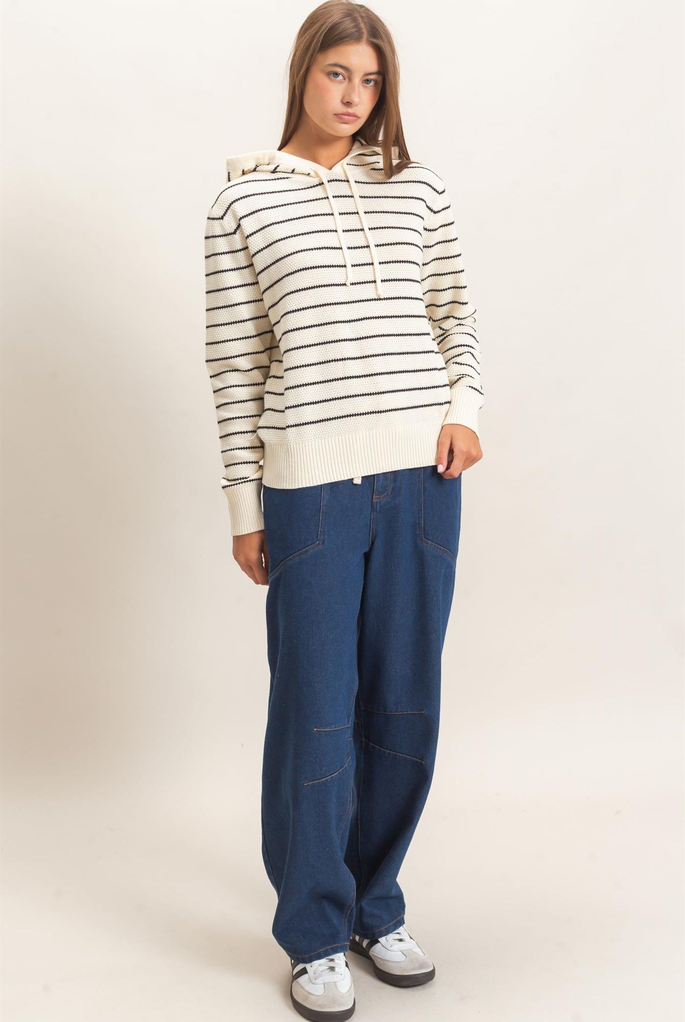 Wholesale Striped Hooded Sweater Hoodies DZ26C972 CREAM DOUBLE ZERO