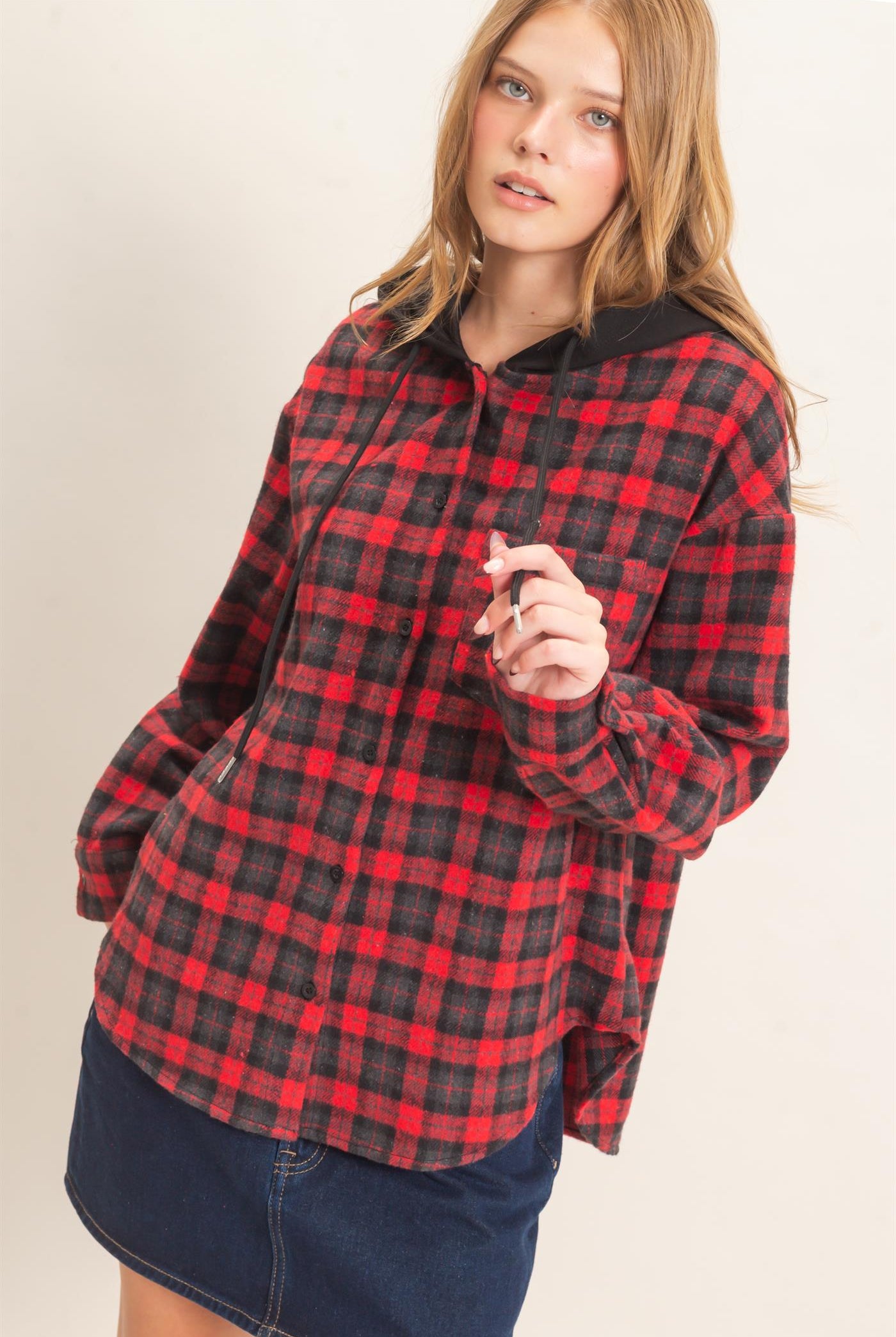Wholesale Hooded Plaid Button-Up Shirt Shirts HF26F018 RED HYFVE