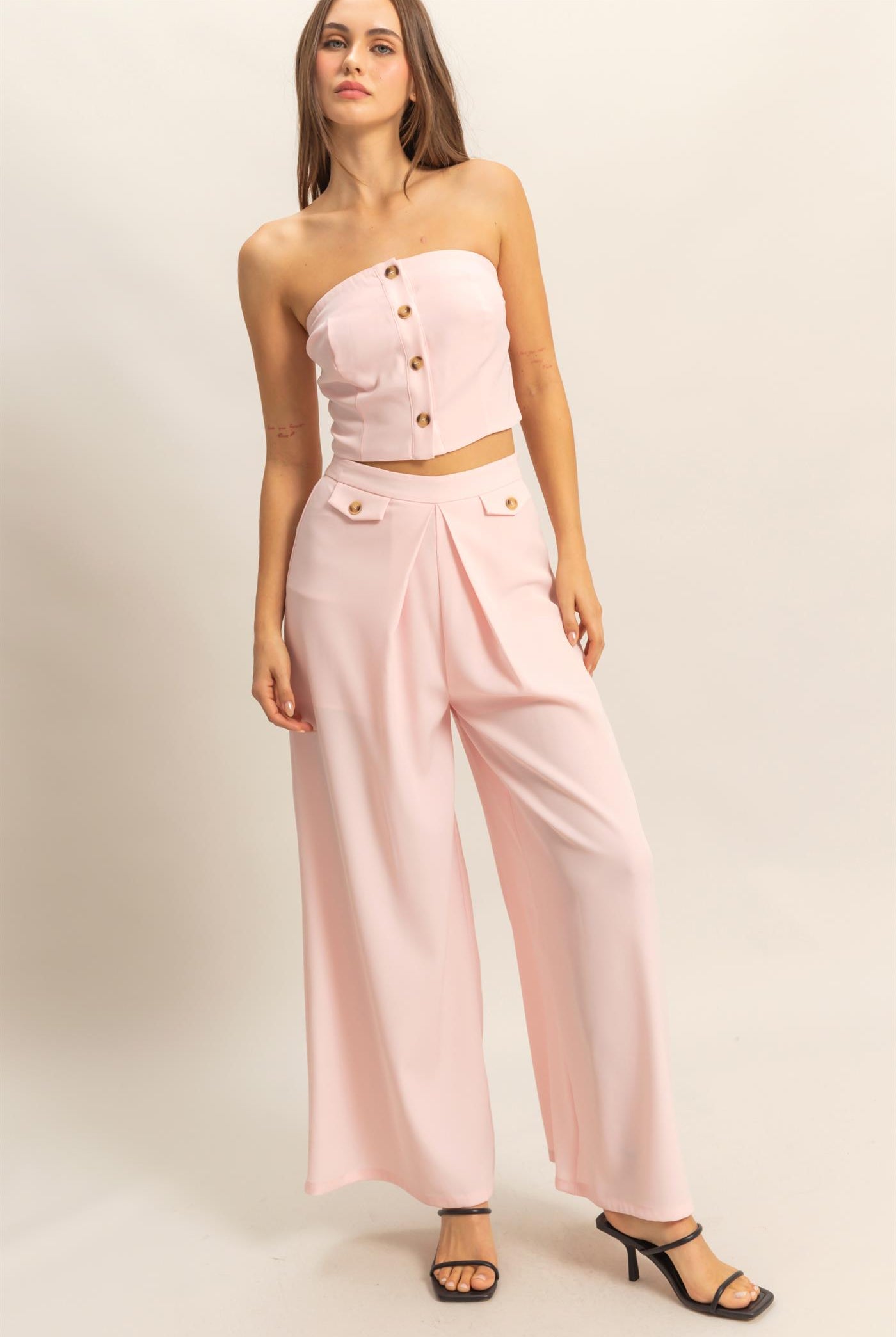 Wholesale Strapless Buttoned Top And Pants Set Clothing HF25E017-SET L.PINK HYFVE