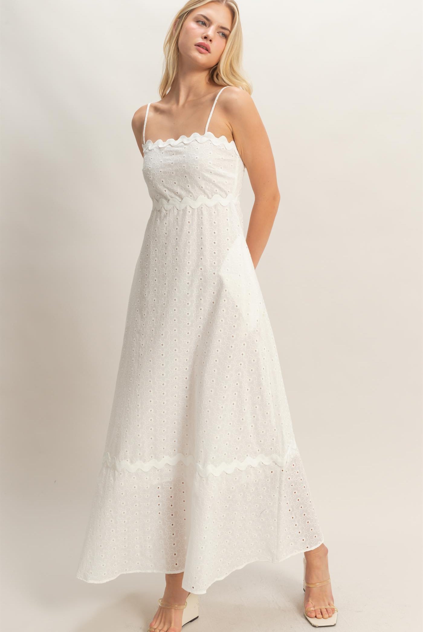 Wholesale Scallop Trim Eyelet Midi Dress Dresses HF26A694 WHITE HYFVE