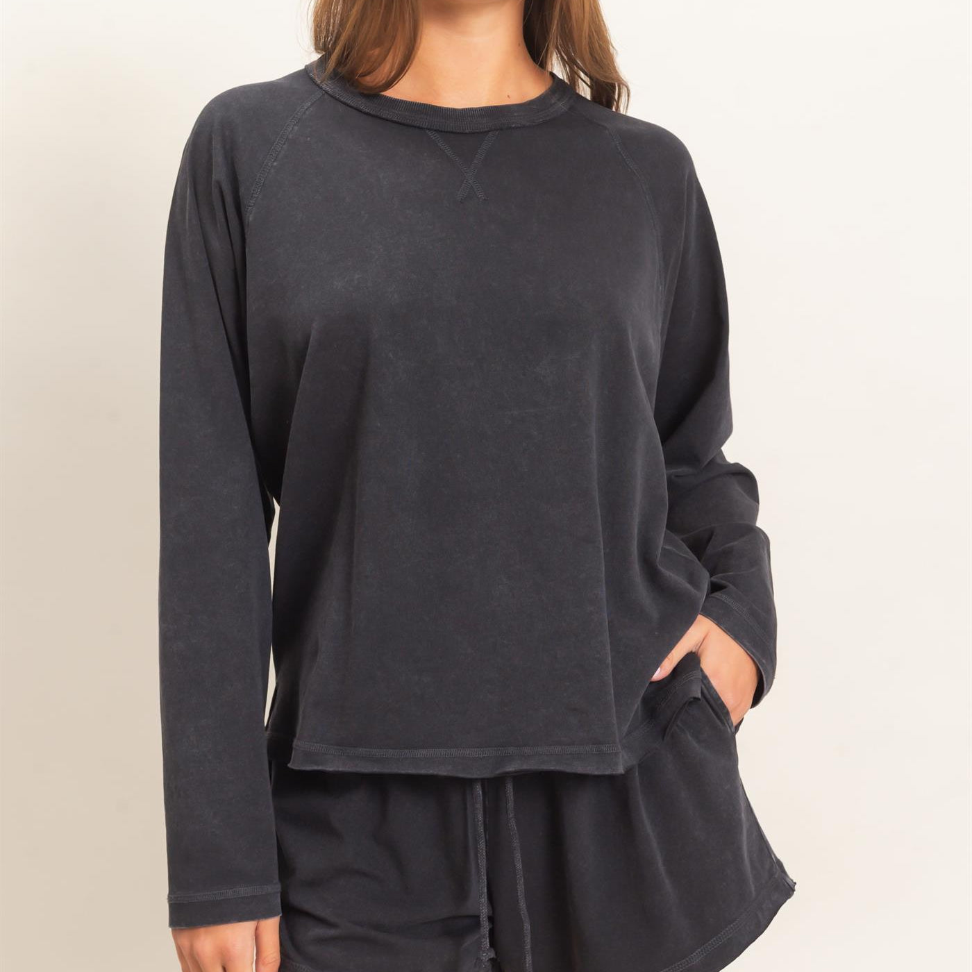 Wholesale Mineral Wash Long Sleeve Raw Edge Top & Shorts Set Clothing DZ26F403-SET BLACK DOUBLE ZERO
