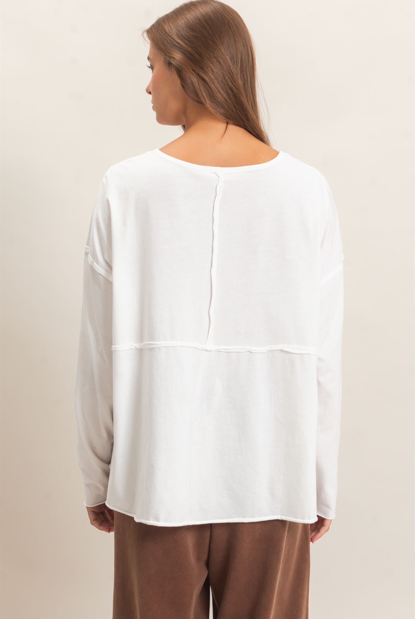 Wholesale Oversized Henley Top With Raw Edges Clothing Tops DZ26F128 WHITE DOUBLE ZERO