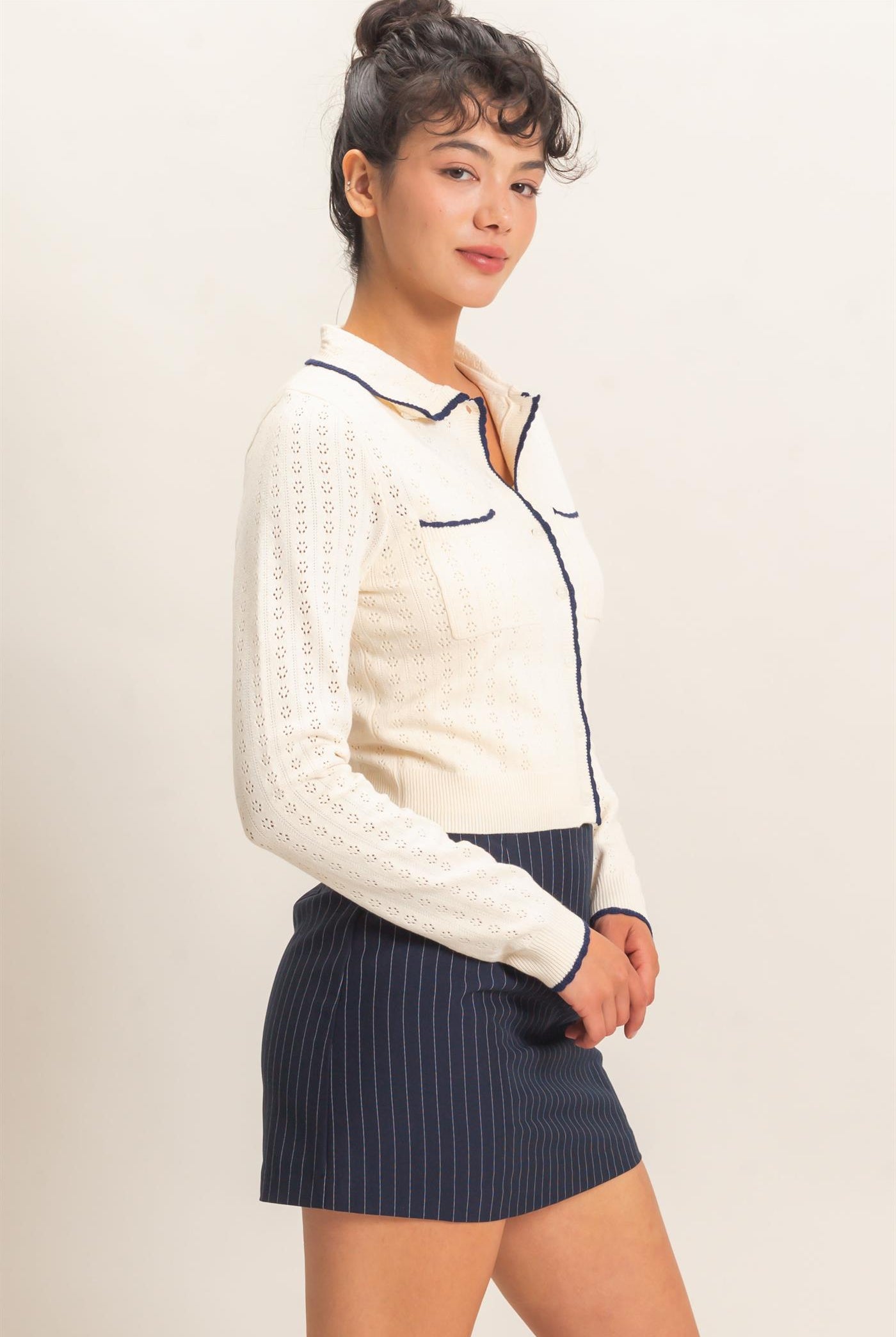 Wholesale Collared Pointelle Knit Cardigan Sweaters DZ26E101 CREAM DOUBLE ZERO