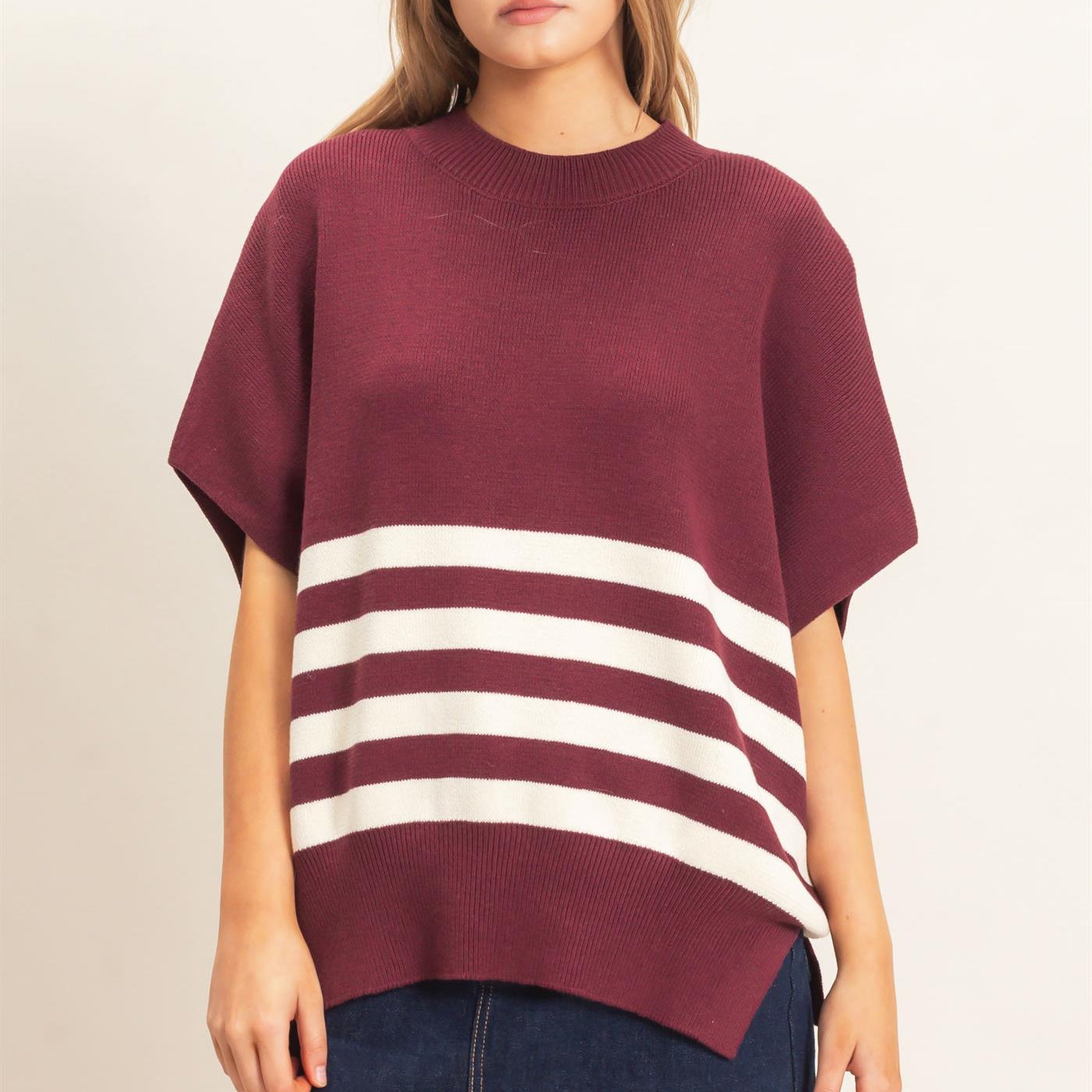 Wholesale Striped Ribbed Crew Neck Sweater Sweaters HF26E350-D WINE HYFVE