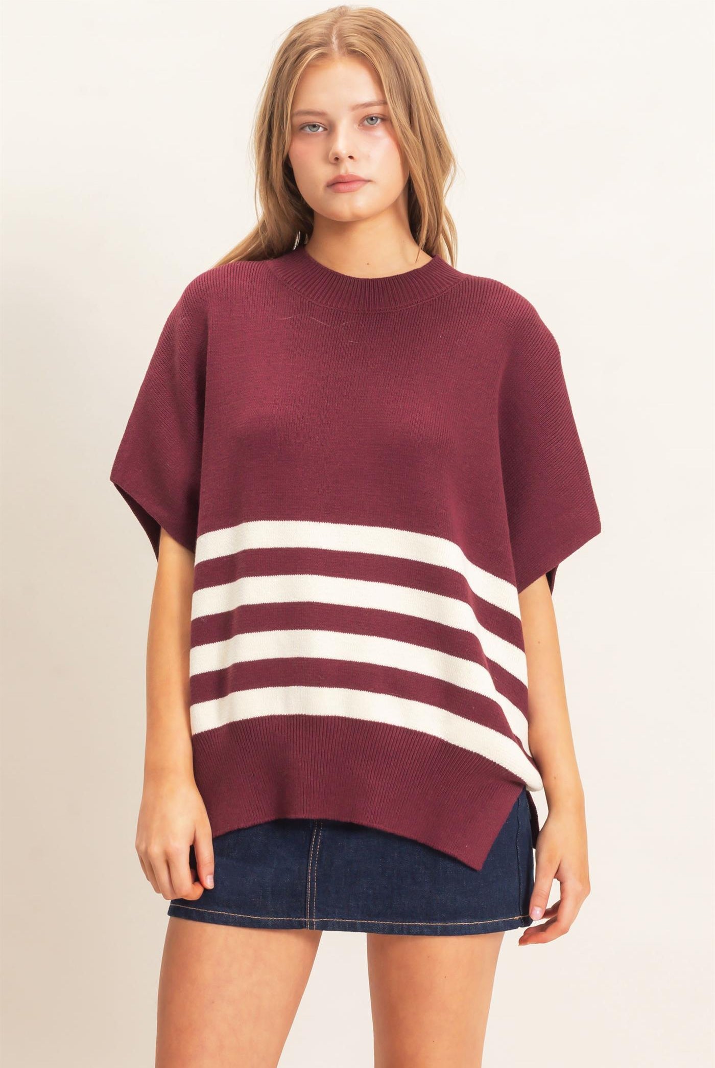Wholesale Striped Ribbed Crew Neck Sweater Sweaters HF26E350-D WINE HYFVE