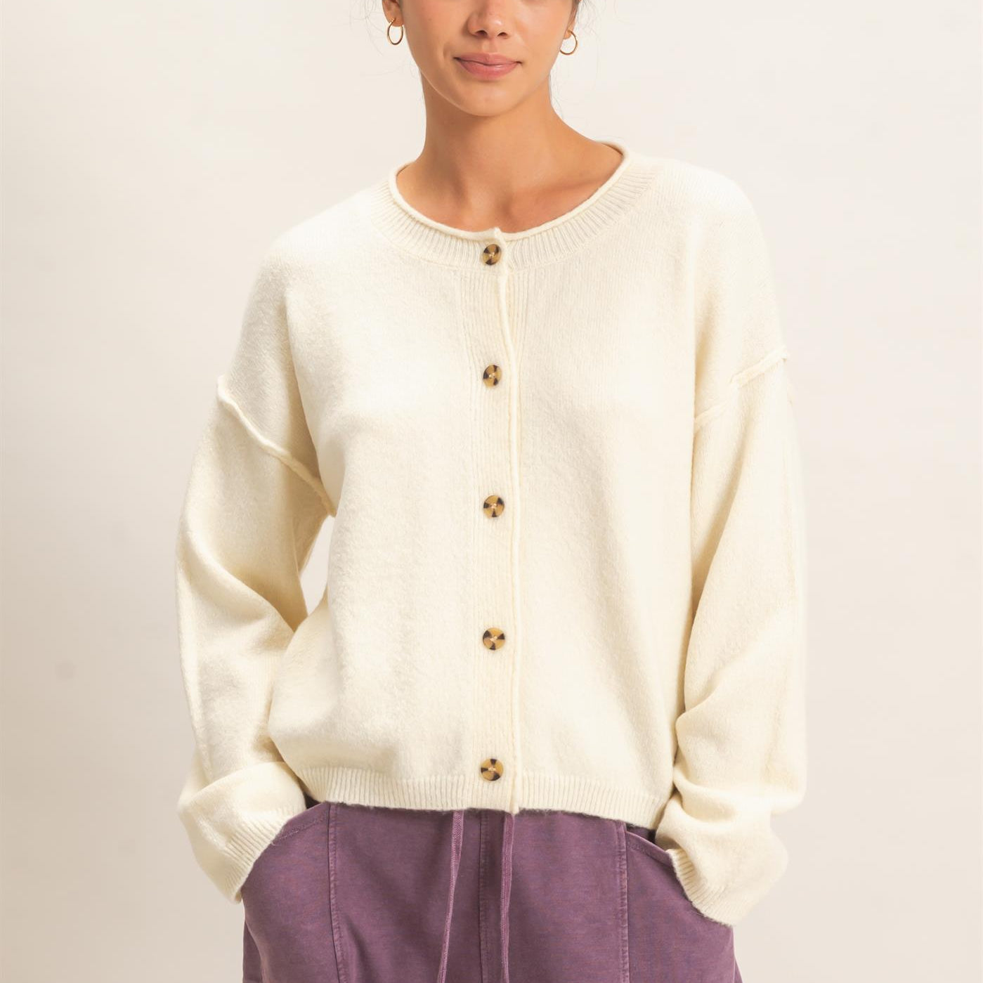 Wholesale Crew Neck Loose Fit Cardigan Cardigans DZ26E269 CREAM DOUBLE ZERO