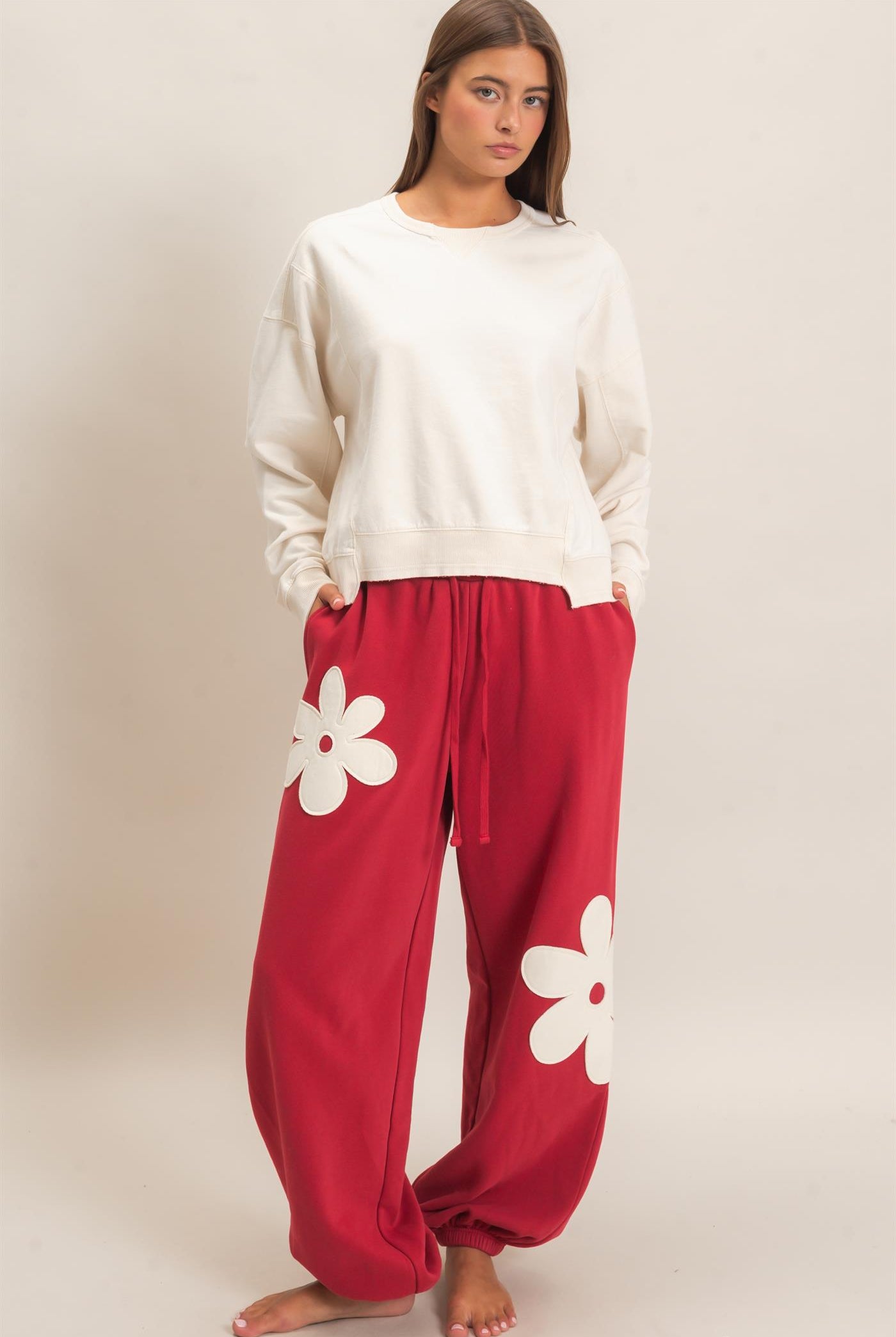 Wholesale Floral Applique Drawstring Jogger Pants Joggers DZ26F308 DARK RED DOUBLE ZERO