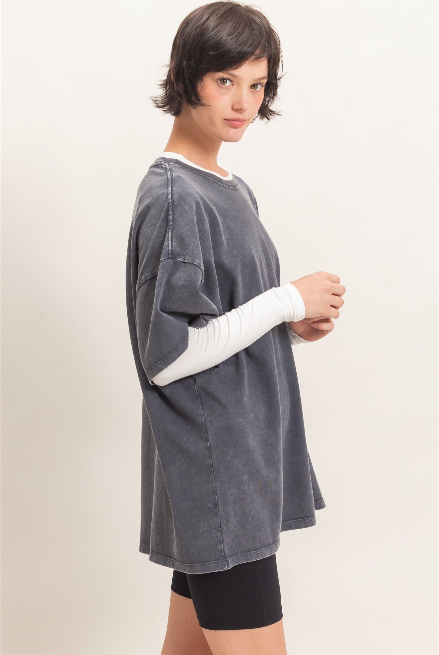 Wholesale Mineral Wash Oversized Crew Neck T-Shirts Clothing Tops DZ26C961 CHARCOAL DOUBLE ZERO