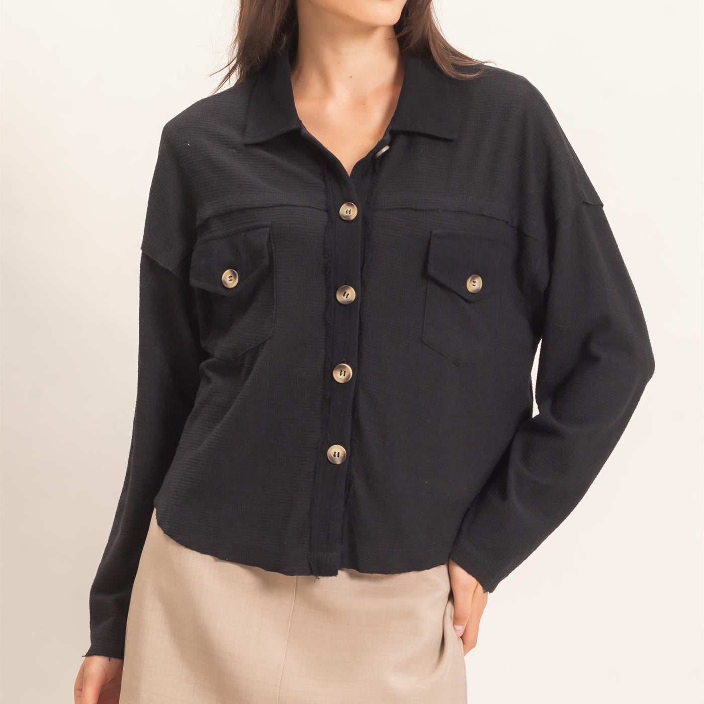 Wholesale Textured Button-Up Shirt Clothing Tops HF26C878 BLACK HYFVE