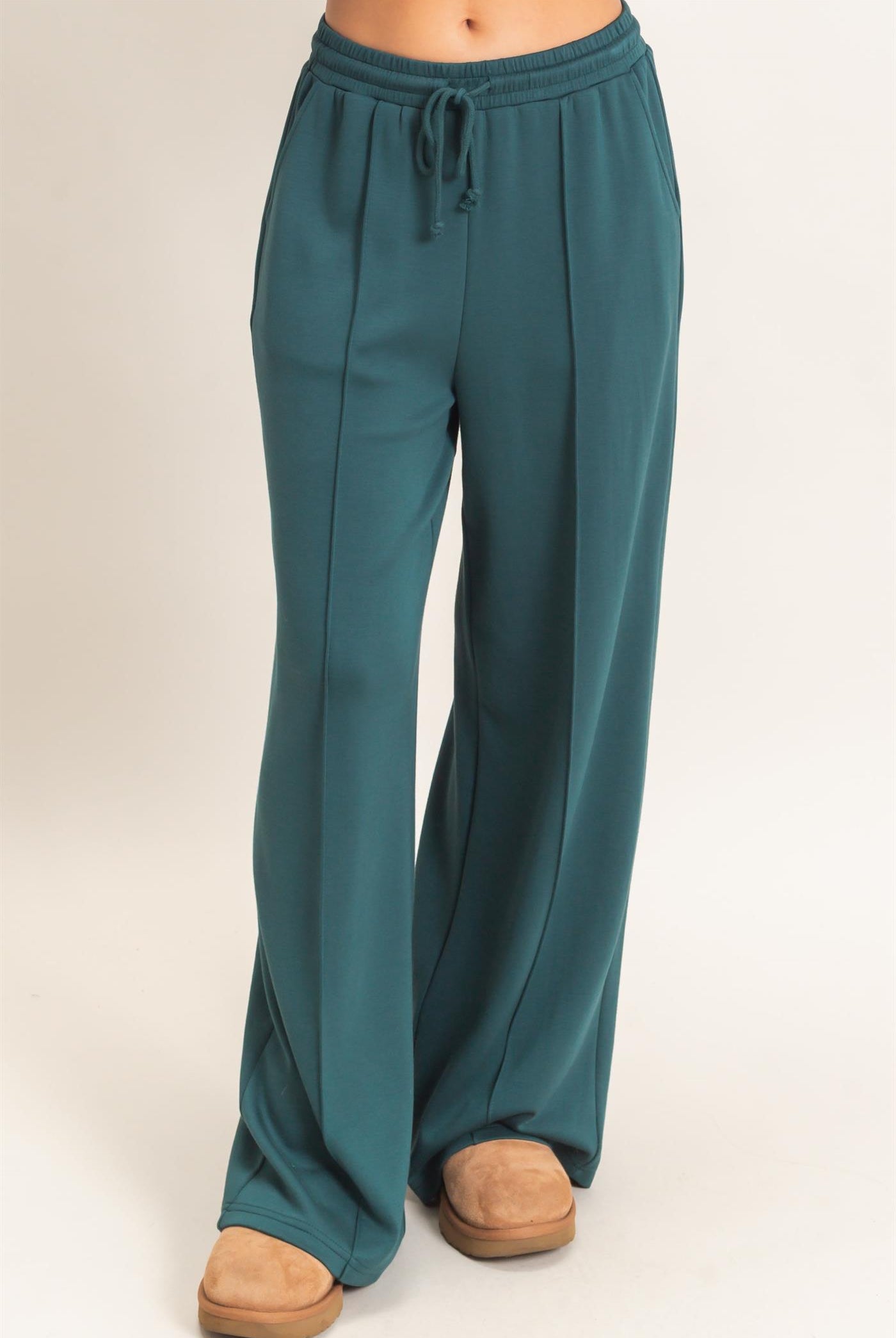 Wholesale Drawstring Waist Pintuck Wide Leg Pants Pants DZ26E384 DEEP GREEN HYFVE