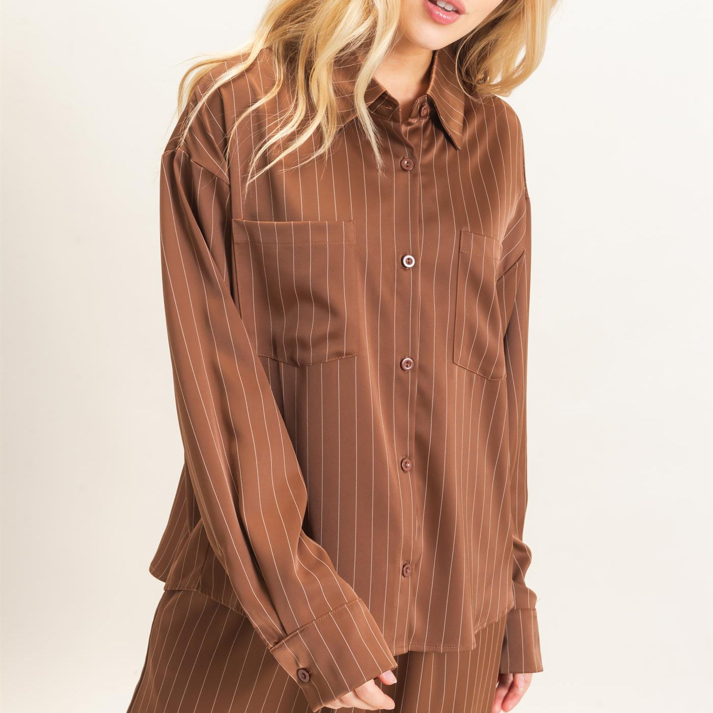 Wholesale Striped Button-Up Blouse Blouses HF26C953 CHOCOLATE HYFVE