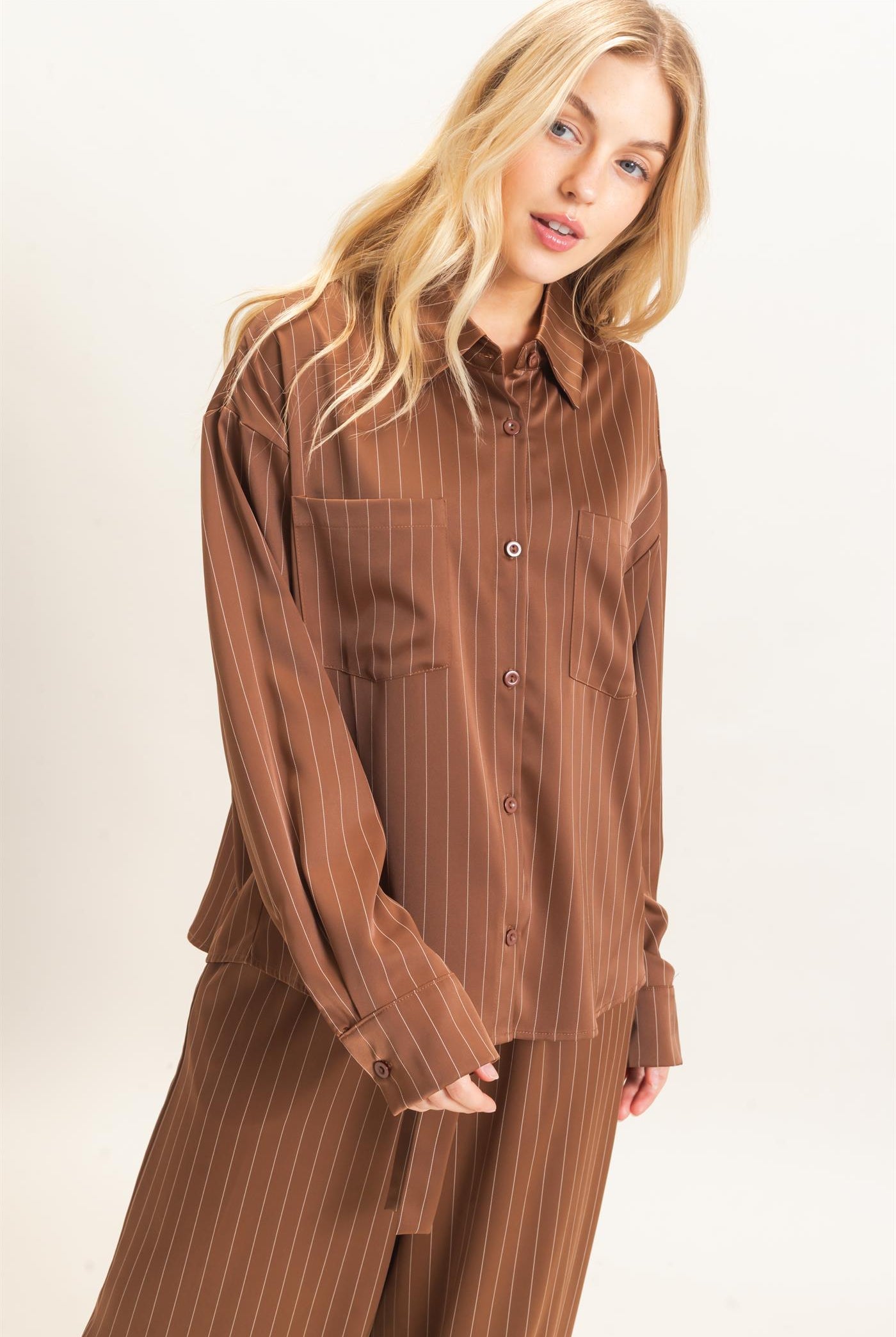 Wholesale Striped Button-Up Blouse Blouses HF26C953 CHOCOLATE HYFVE