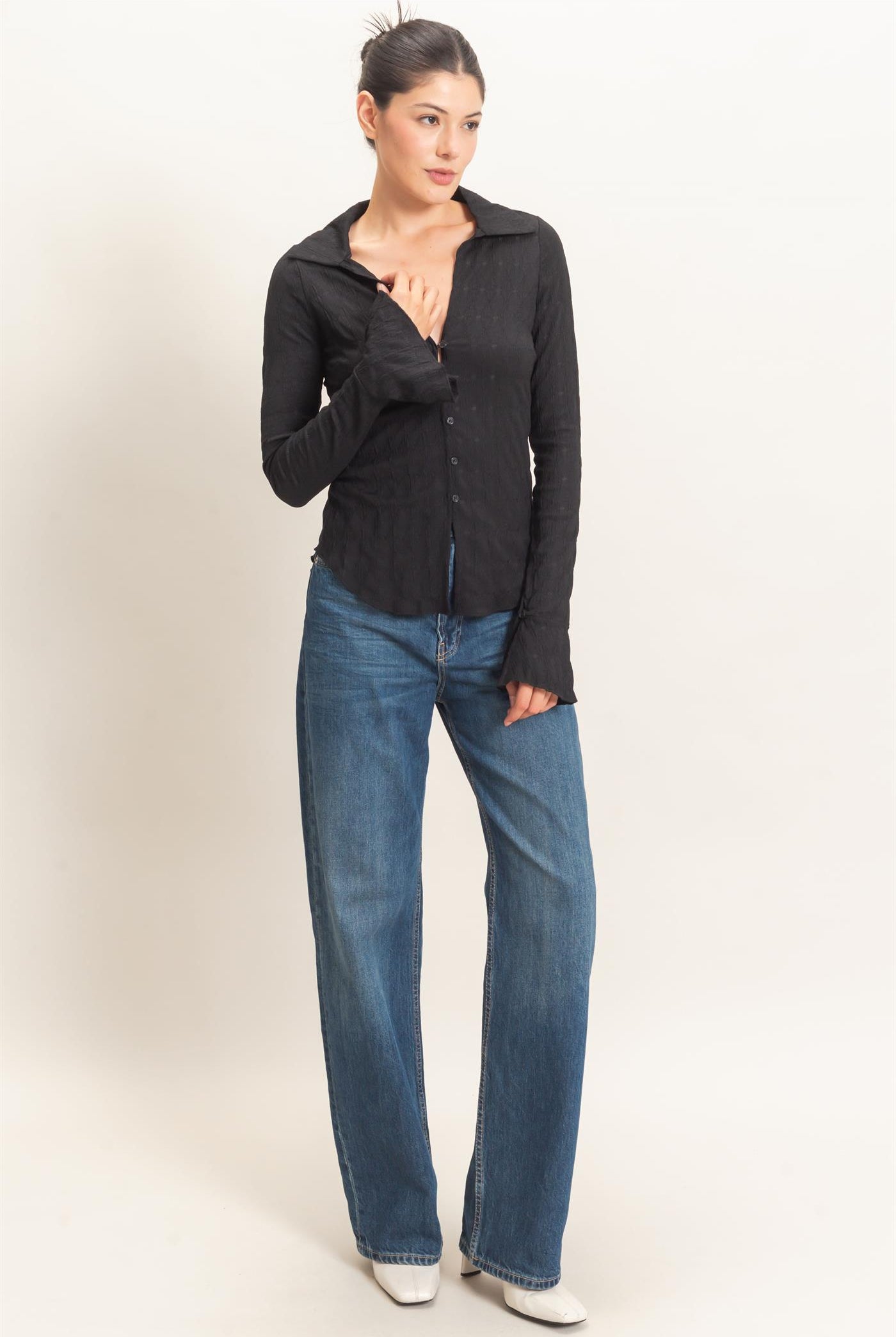 Wholesale Textured Button-Up Collared Top Shirts HF26E062 BLACK HYFVE