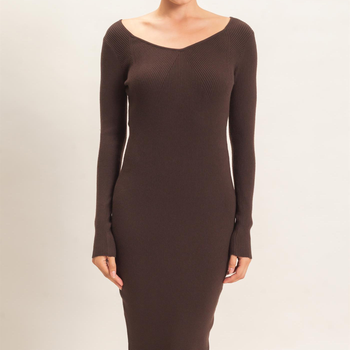 Wholesale Ribbed V-Neck Long Sleeve Dress Dresses HF26E217 DARK BROWN HYFVE