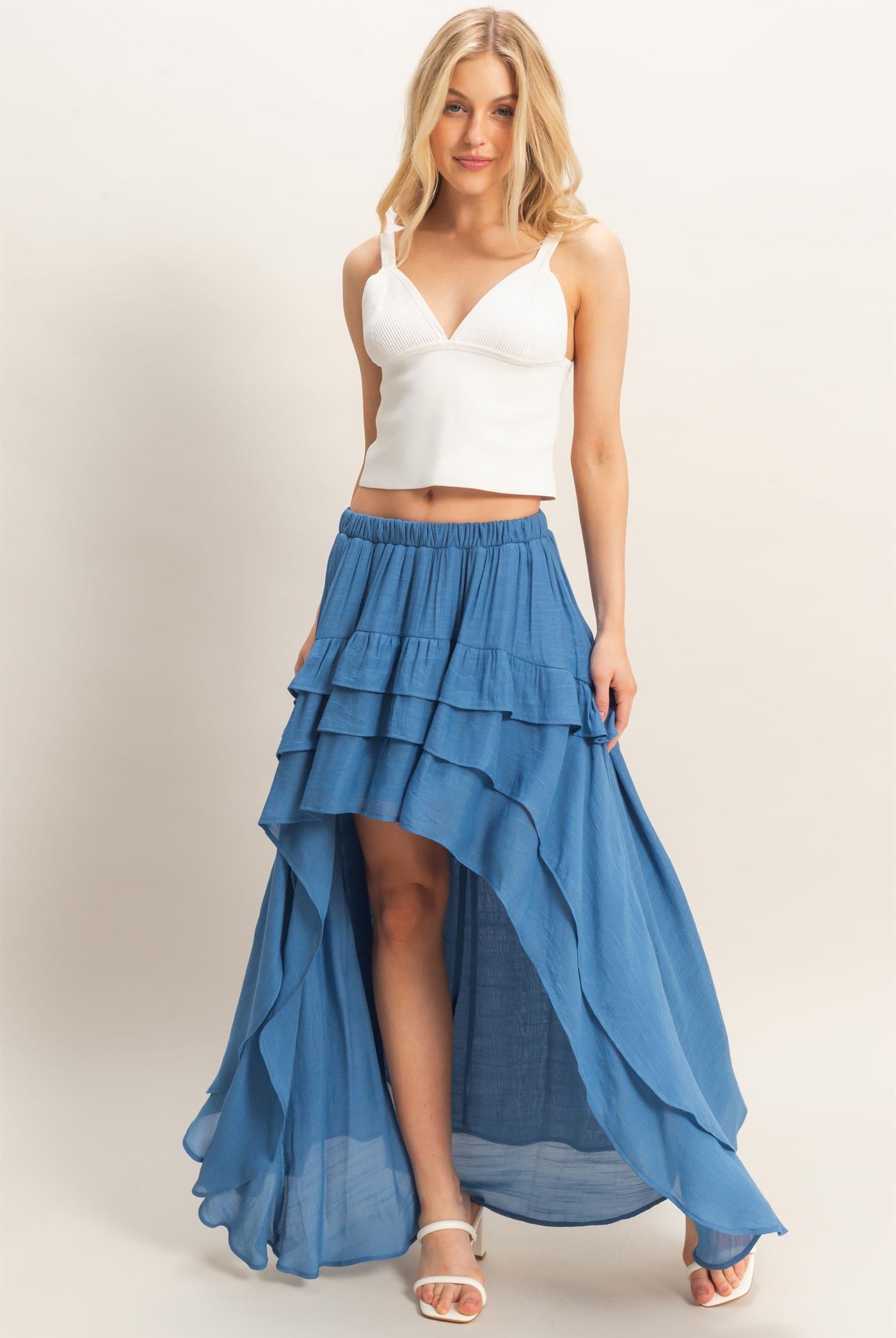 Wholesale Tiered Ruffle High-Low Skirt Skirts HF26C194 DENIM BLUE HYFVE