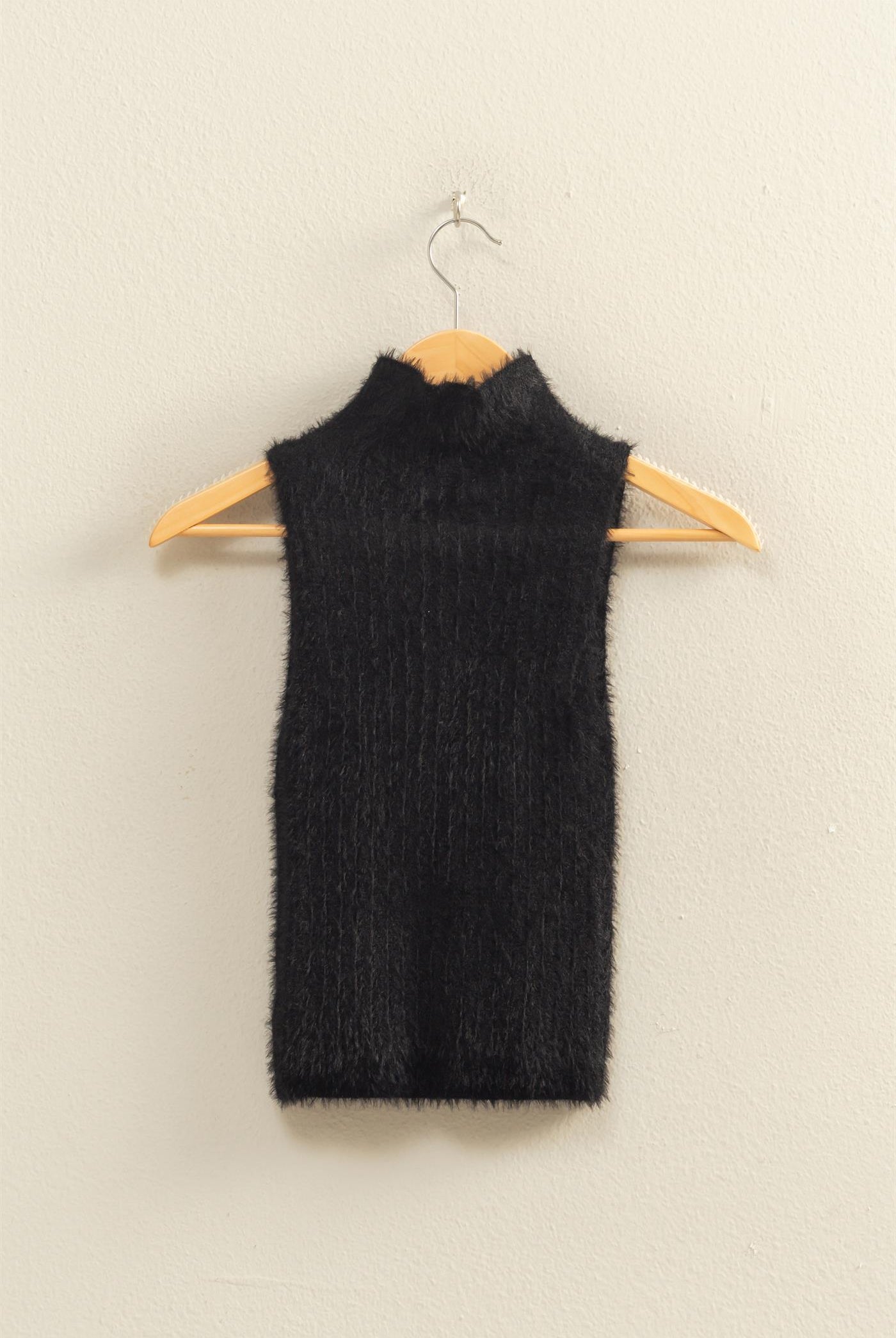 Wholesale Ribbed Sleeveless High Neck Knit Top Clothing Tops DZ25F113 BLACK HYFVE