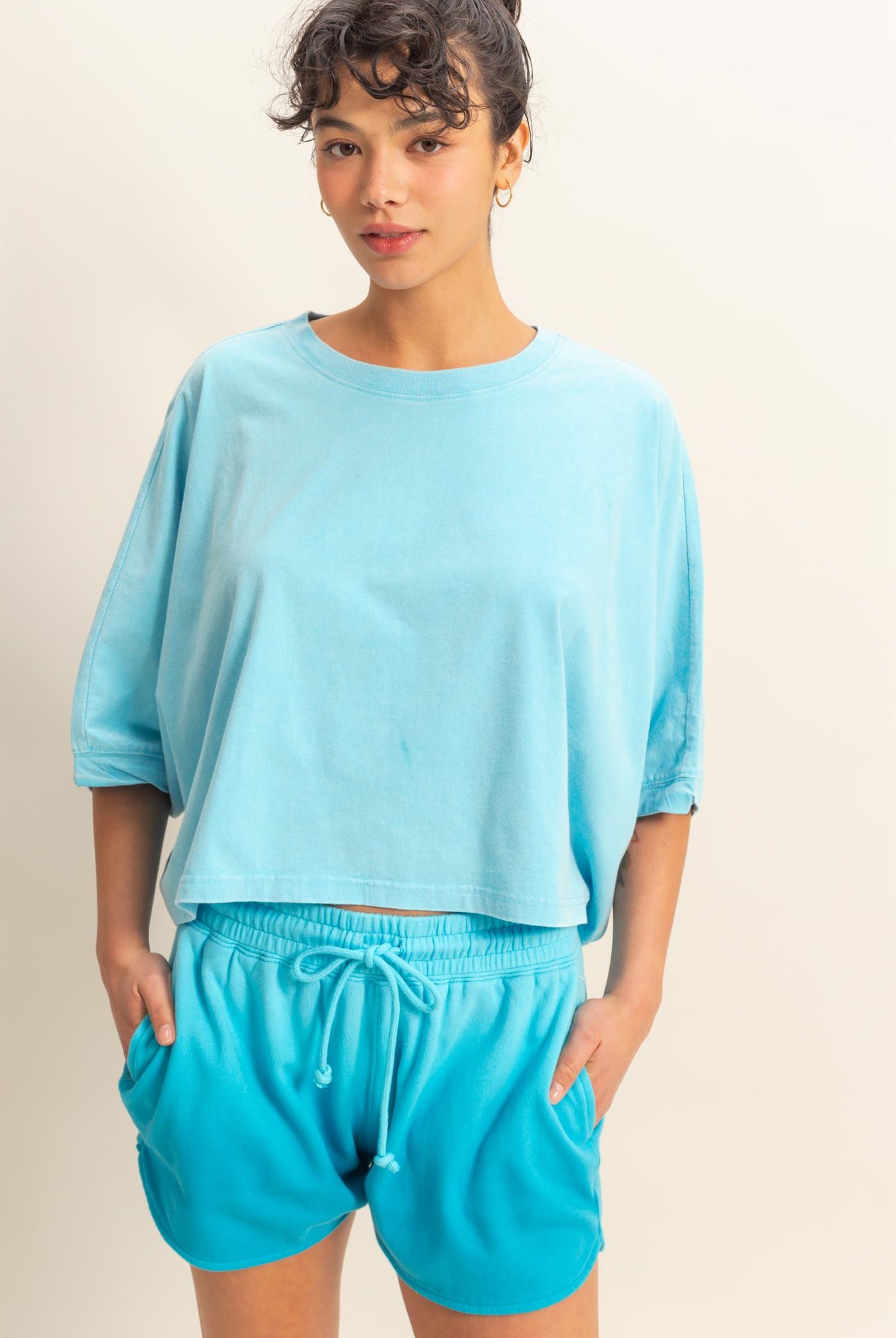 Wholesale Flowy Bat Wing Sleeves Knit Top Clothing Tops DZ25A797 AQUA BLUE DOUBLE ZERO