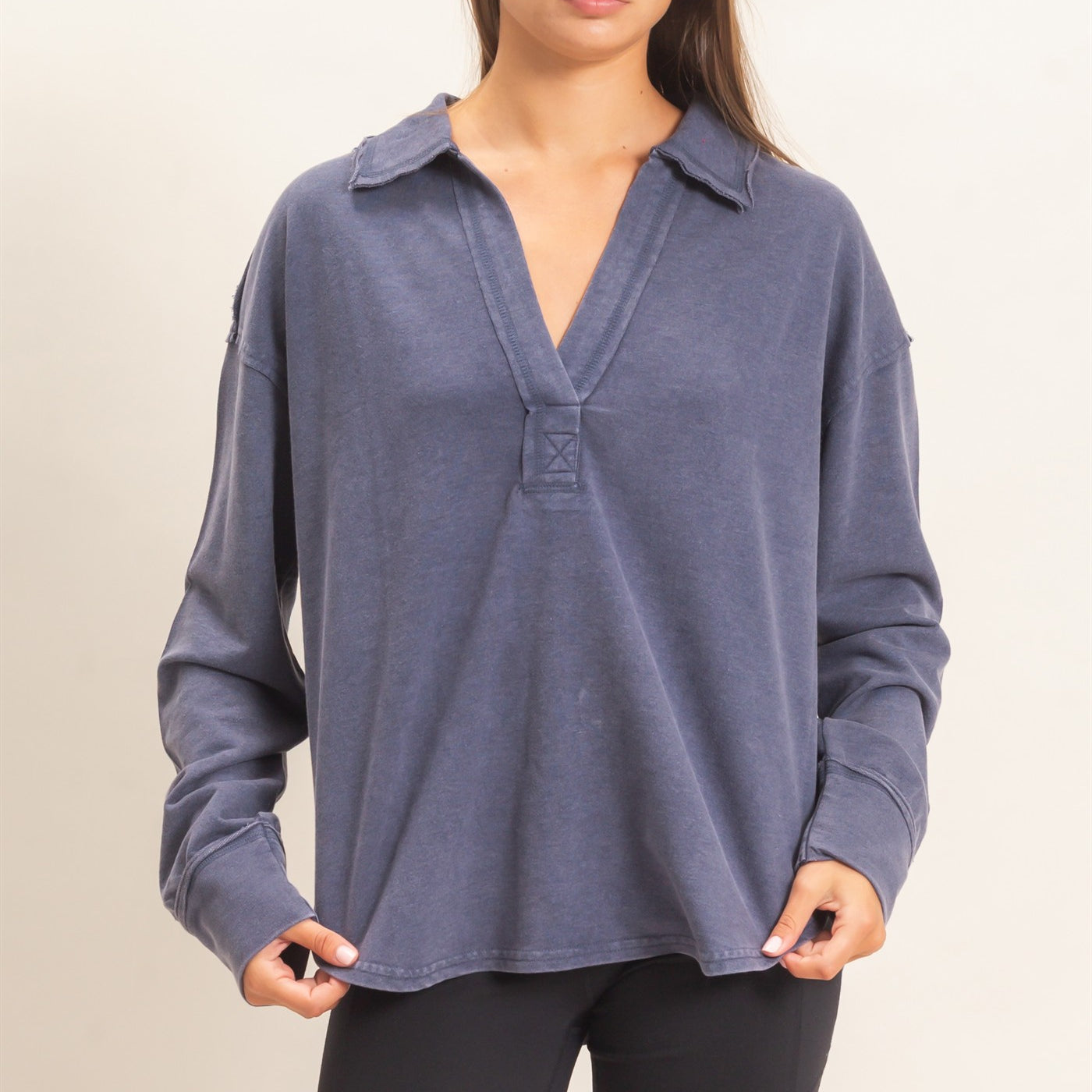 Wholesale Mineral Washed Polo Collar Long Sleeve Top Polos DZ26E887 NAVY DOUBLE ZERO