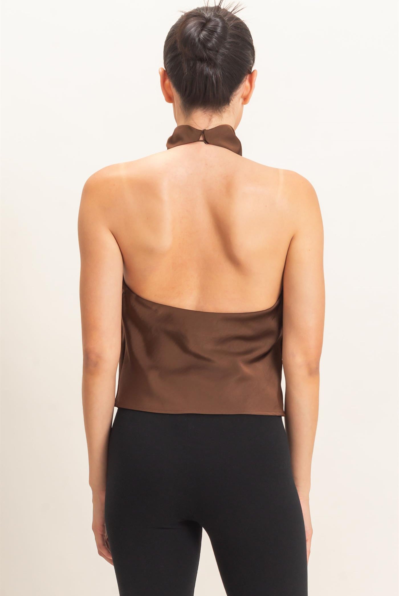 Wholesale Draped Halter Satin Top Blouses HF26E632 ESPRESSO HYFVE