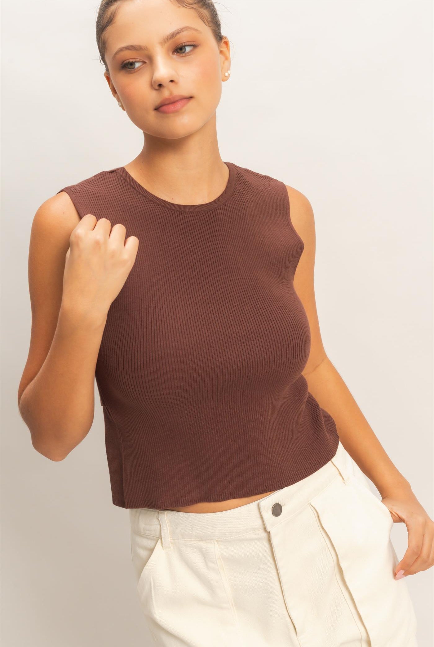 Wholesale Ribbed Crew Neck Sleeveless Open Back Top Clothing Tops DZ26C692 CHOCOLATE DOUBLE ZERO