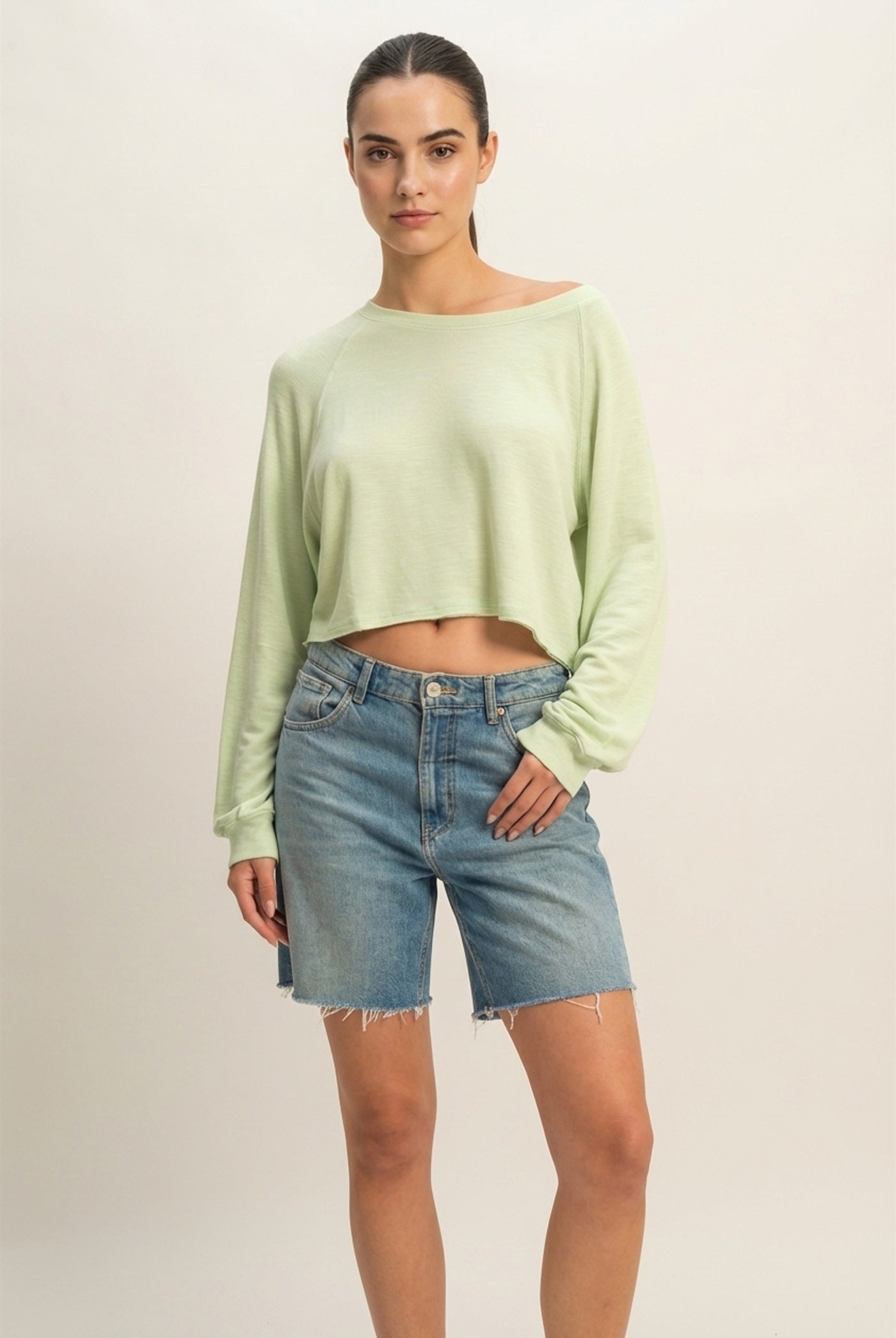 Wholesale Long Sleeve Round Neck Top Clothing Tops DZ22E691 PASTEL GREEN DOUBLE ZERO