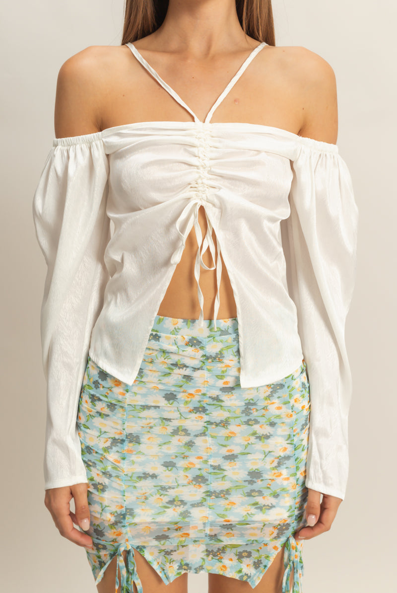 Wholesale Tie-Front Off-Shoulder Blouse Clothing Tops FS22E859 WHITE HYFVE