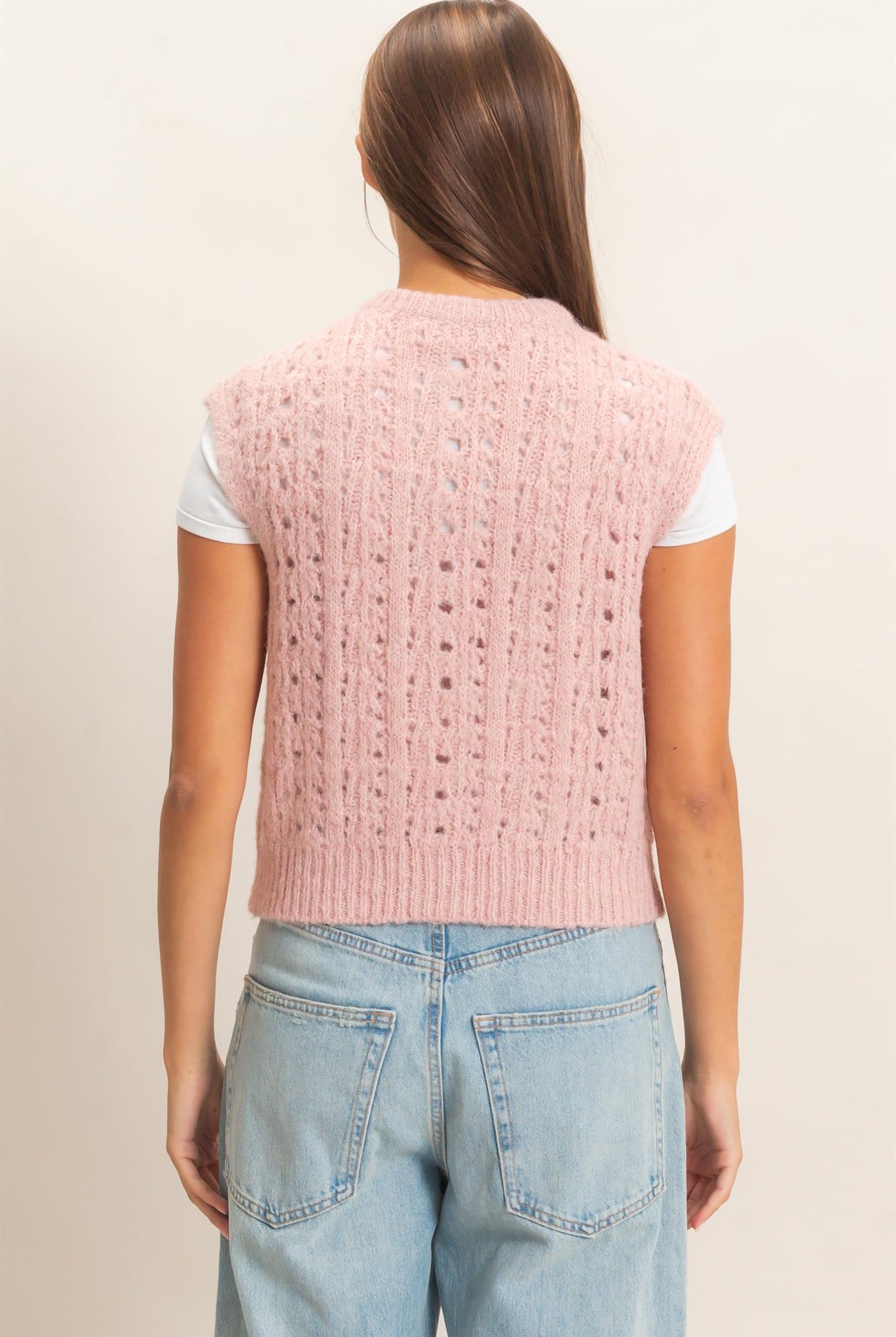 Wholesale Open Knit Sleeveless Button Front Sweater Vest Sweaters DZ26A829 PINK DOUBLE ZERO