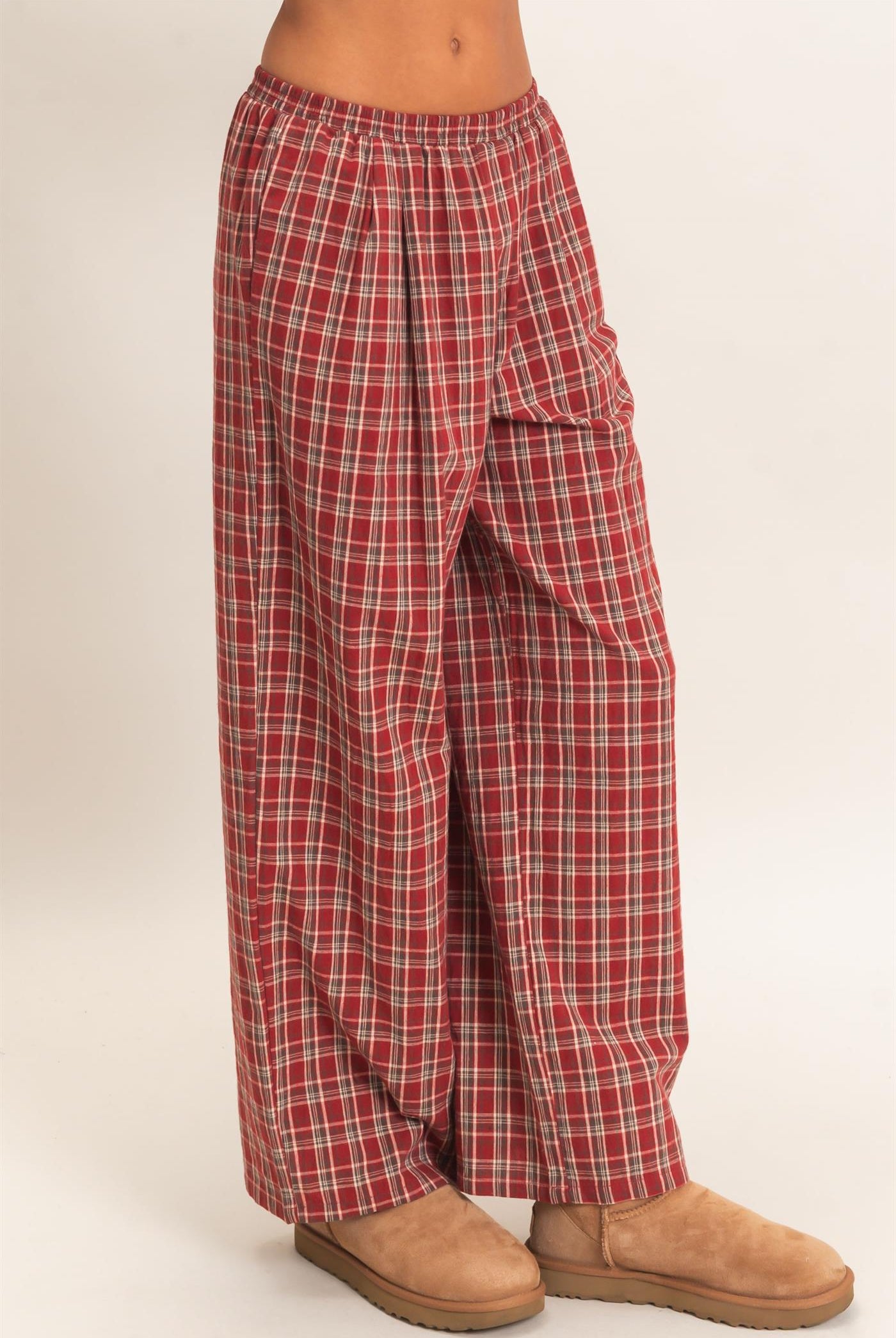 Wholesale Elastic Waist Plaid Pants Pants DZ26E375 DARK RED DOUBLE ZERO