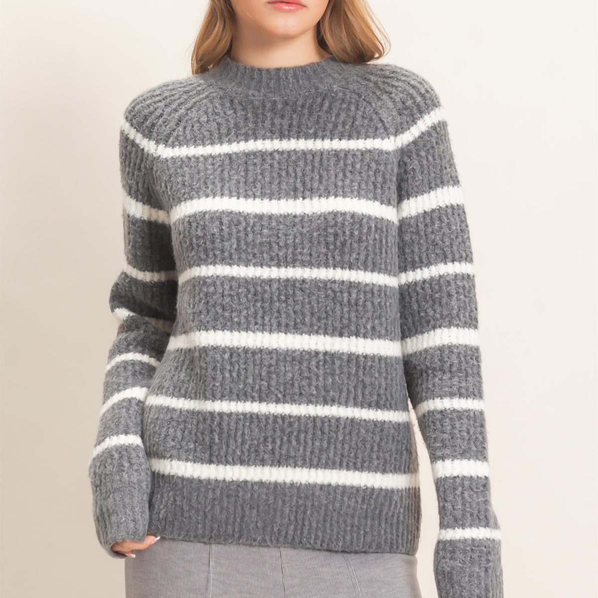Wholesale Textured Striped Mock Neck Sweater Sweaters HF26E765 GRAY HYFVE