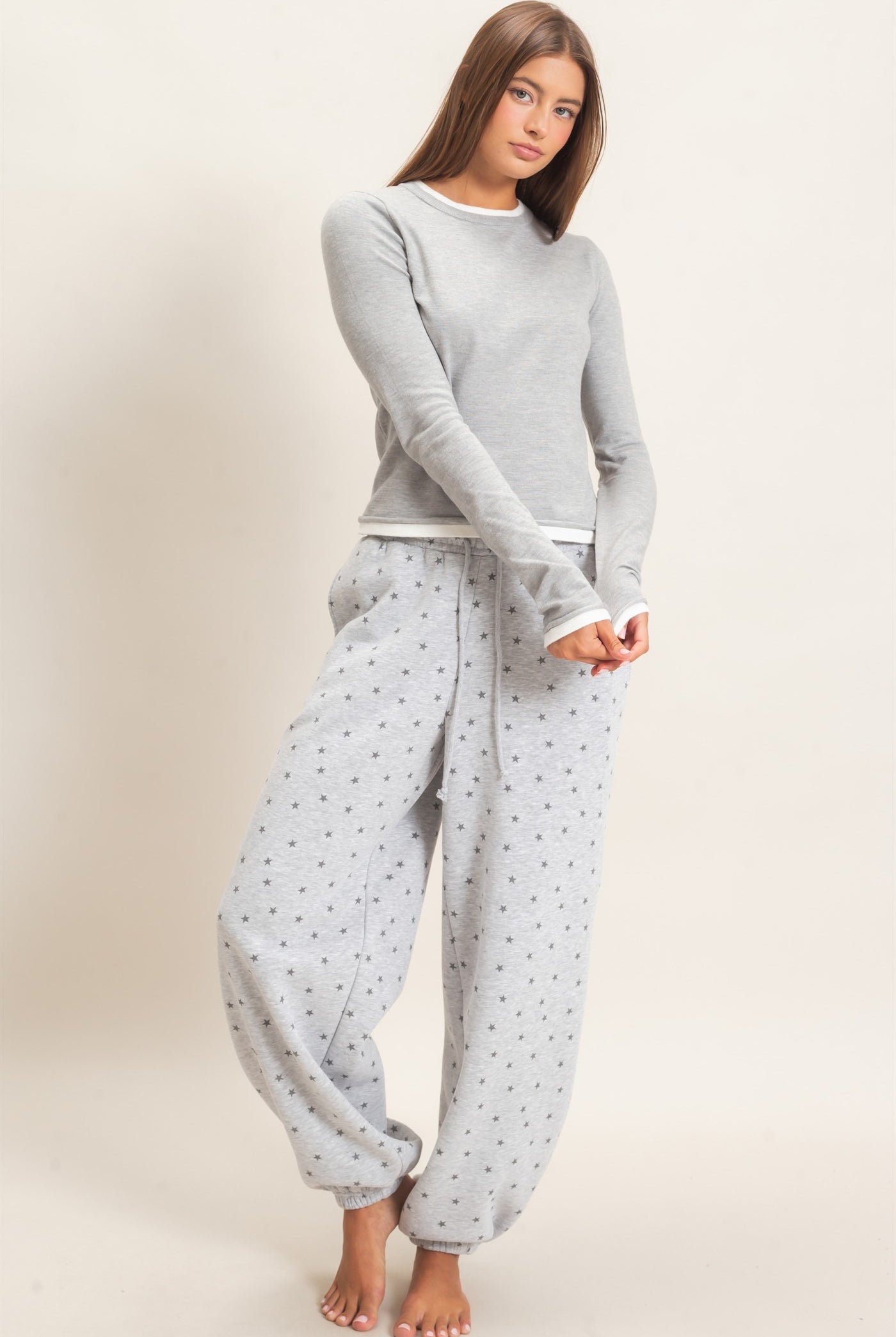 Wholesale Star Print Elastic Waist Jogger Pants Joggers DZ26E287 HEATHER GRAY DOUBLE ZERO