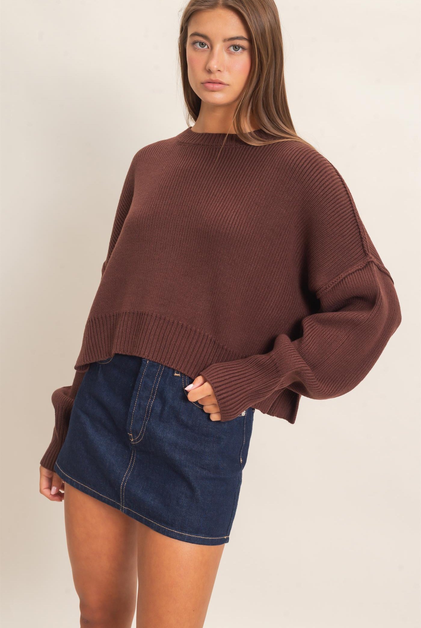 Wholesale Ribbed Drop Shoulder Sweater Sweaters DZ26C982 DARK BROWN DOUBLE ZERO