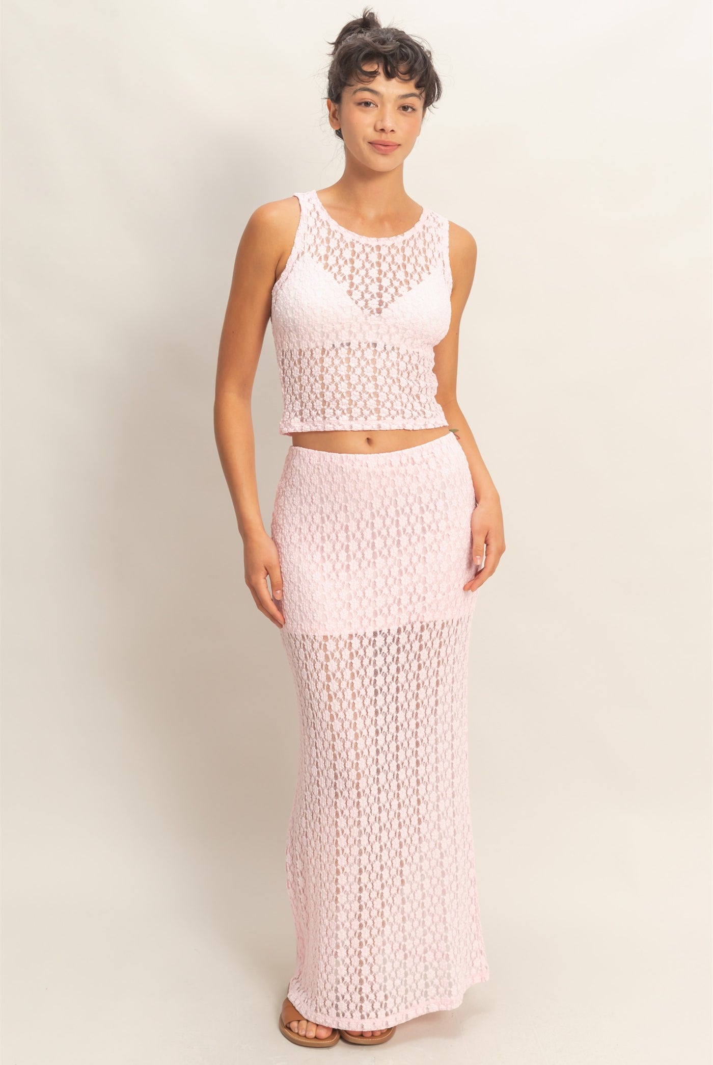 Wholesale Round Neck Lace Top & Lace Maxi Skirt Set Clothing DZ26C670-SET SOFT PINK DOUBLE ZERO