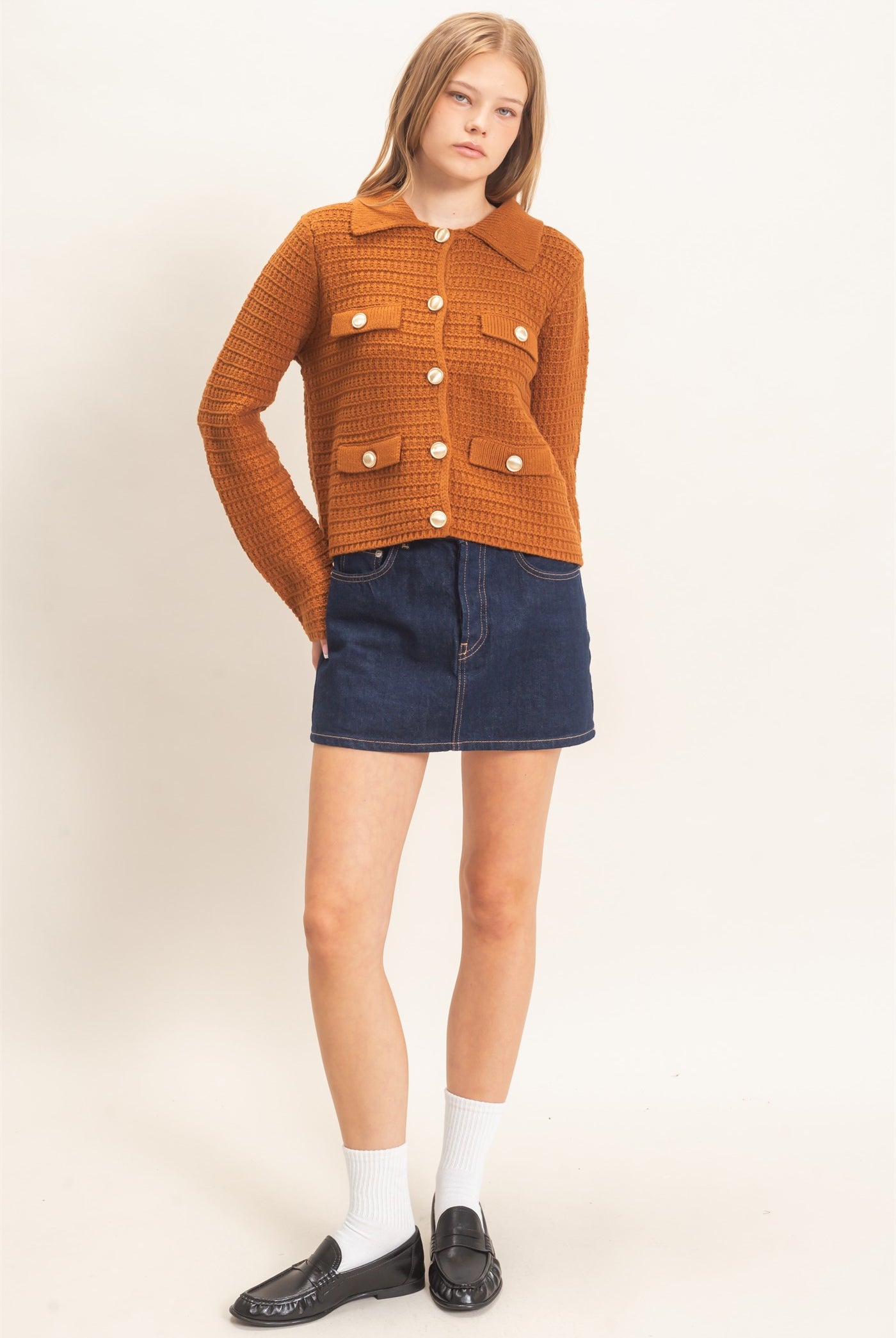 Wholesale Textured Collared Sweater Jacket Cardigans HF26F190 CAMEL HYFVE