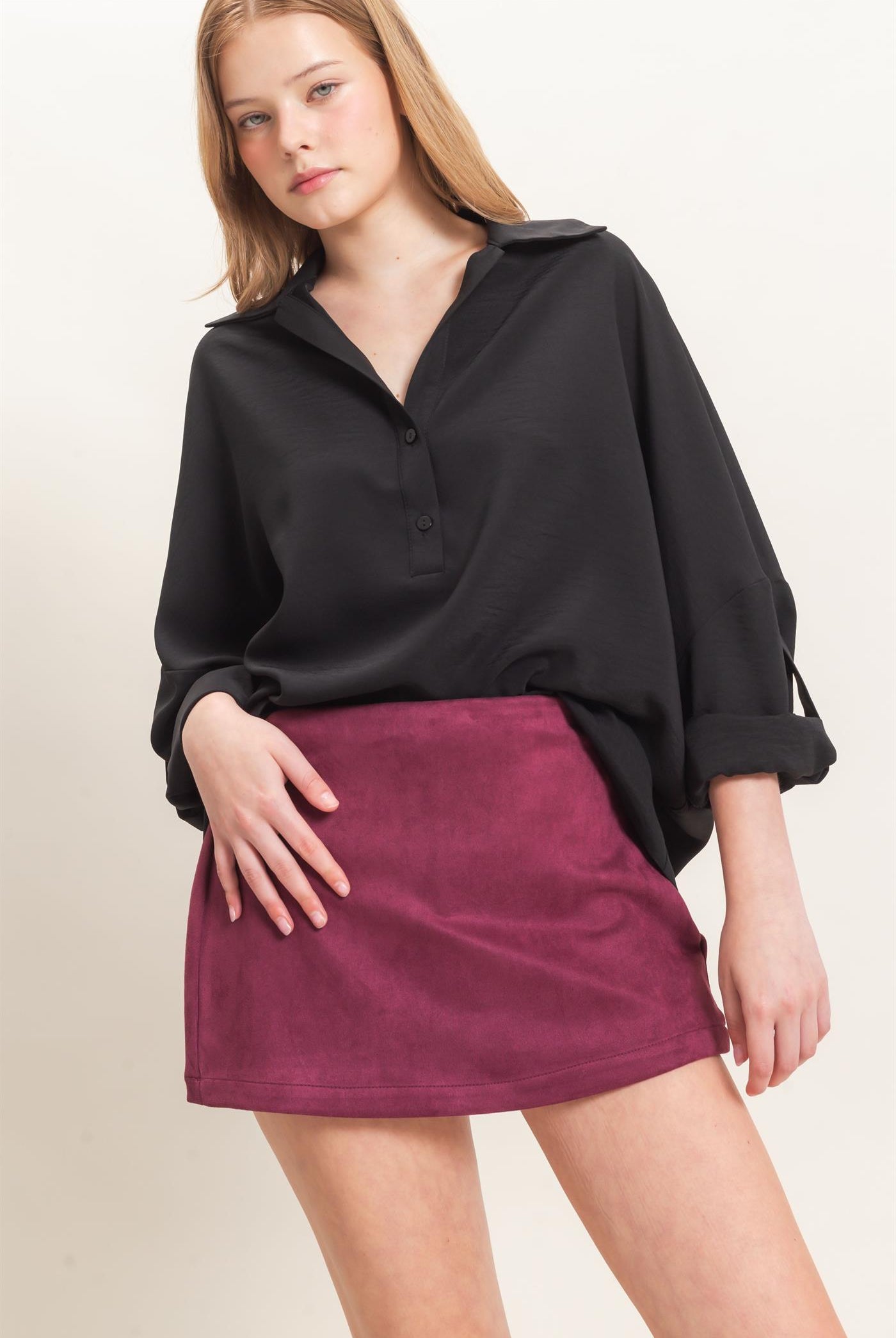 Wholesale Faux Suede Skort Skorts HF26F220 BURGUNDY HYFVE