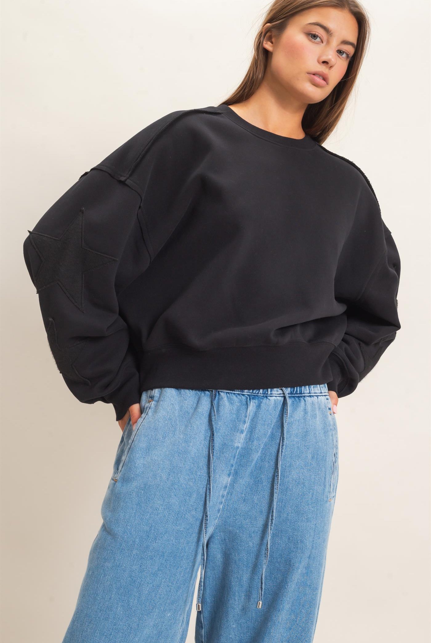 Wholesale Star Patch Sleeve Sweatshirt Sweatshirts DZ26E888 BLACK DOUBLE ZERO