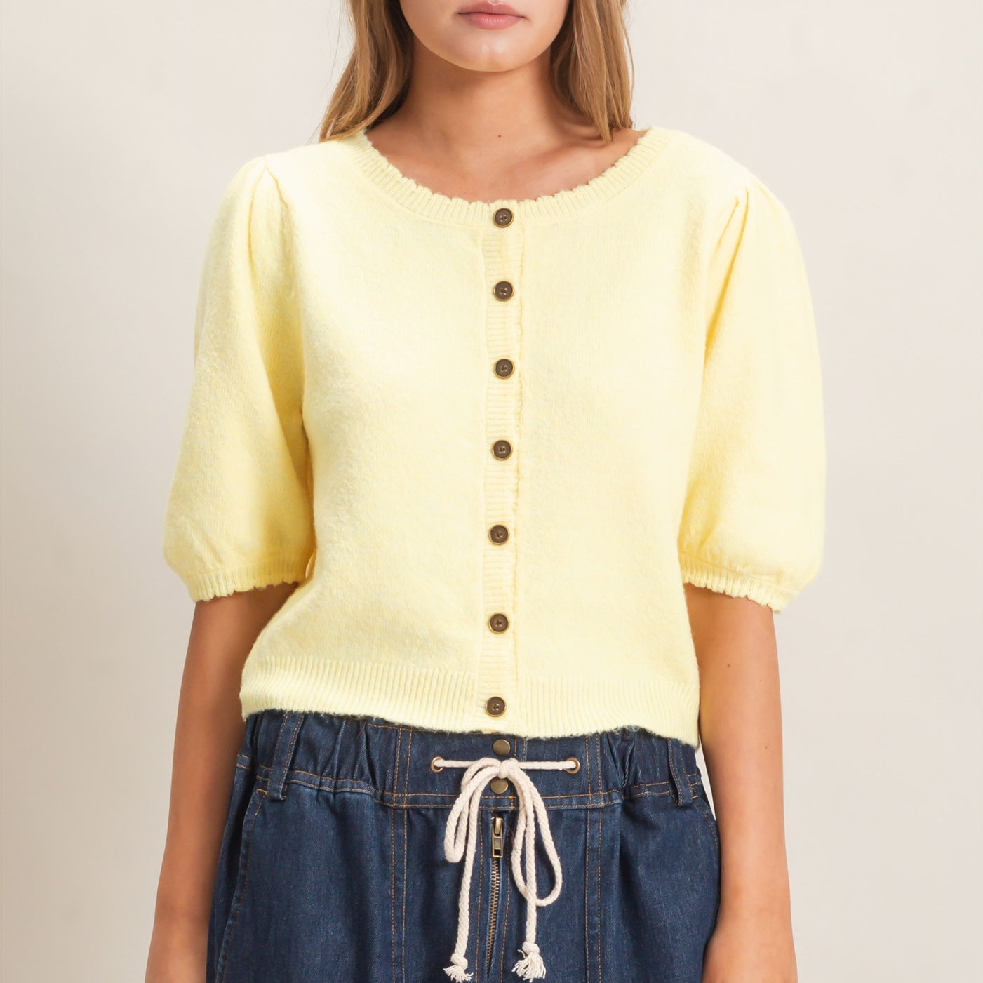 Wholesale Button-Up Puff Sleeve Sweater Cardigan Cardigans HF26E165 PALE YELLOW HYFVE