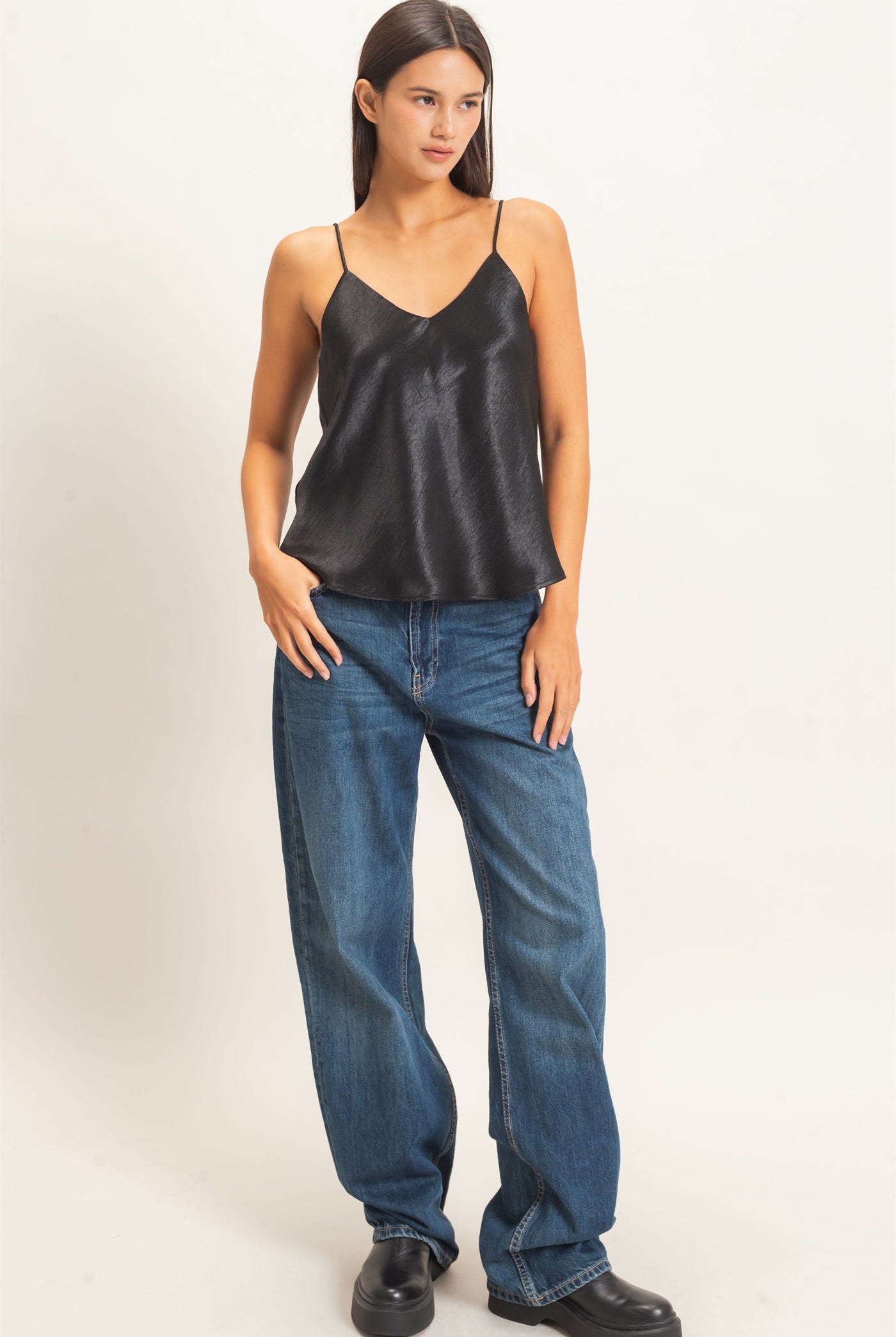 Wholesale V-Neck Satin Cami Top Camisoles DZ26C976 BLACK DOUBLE ZERO