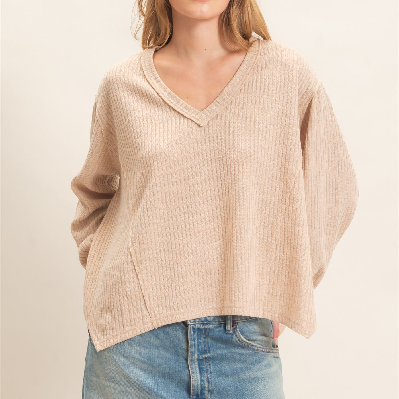 Wholesale Ribbed V-Neck Knit Top Shirts HF26F351 BEIGE HYFVE