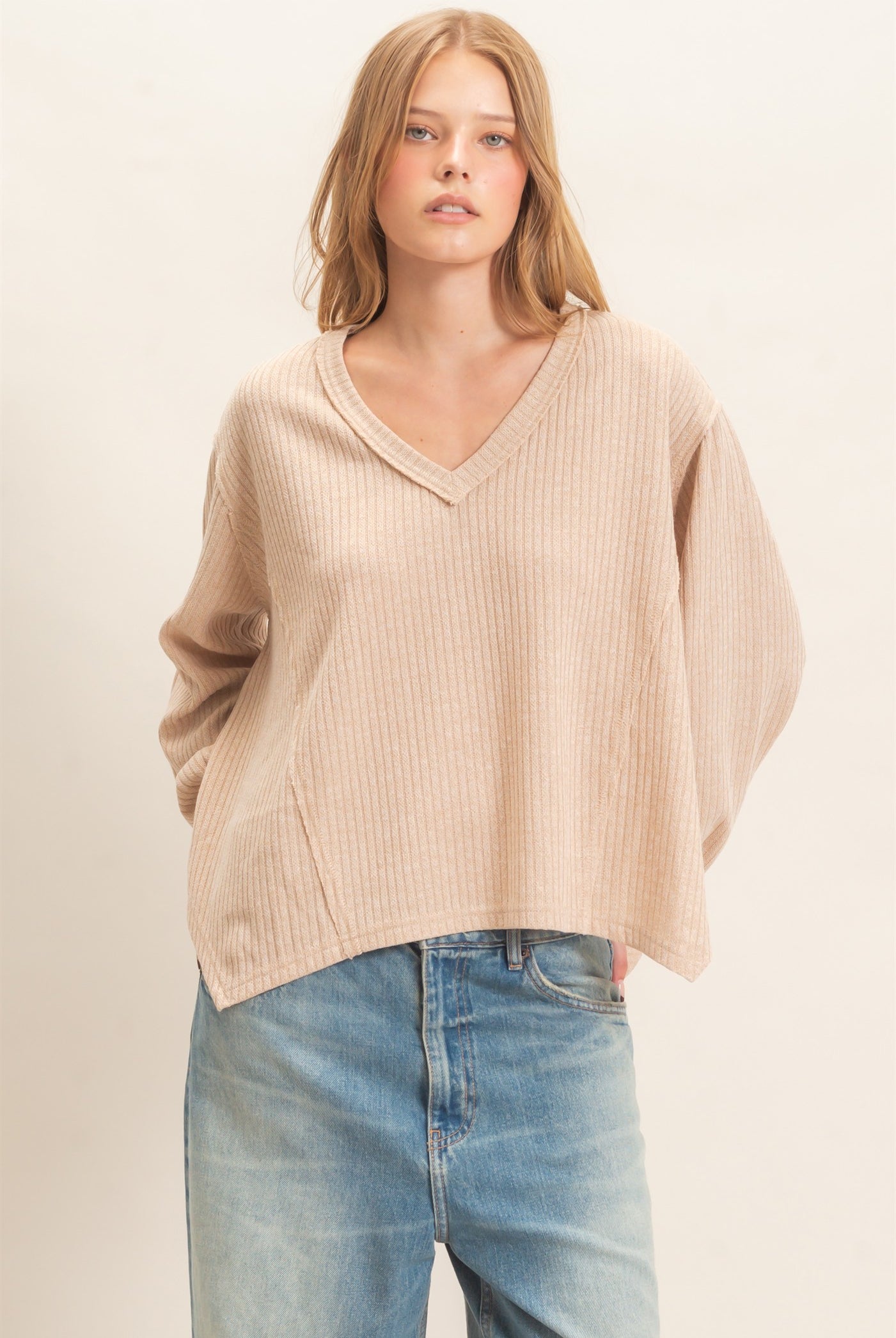 Wholesale Ribbed V-Neck Knit Top Shirts HF26F351 BEIGE HYFVE