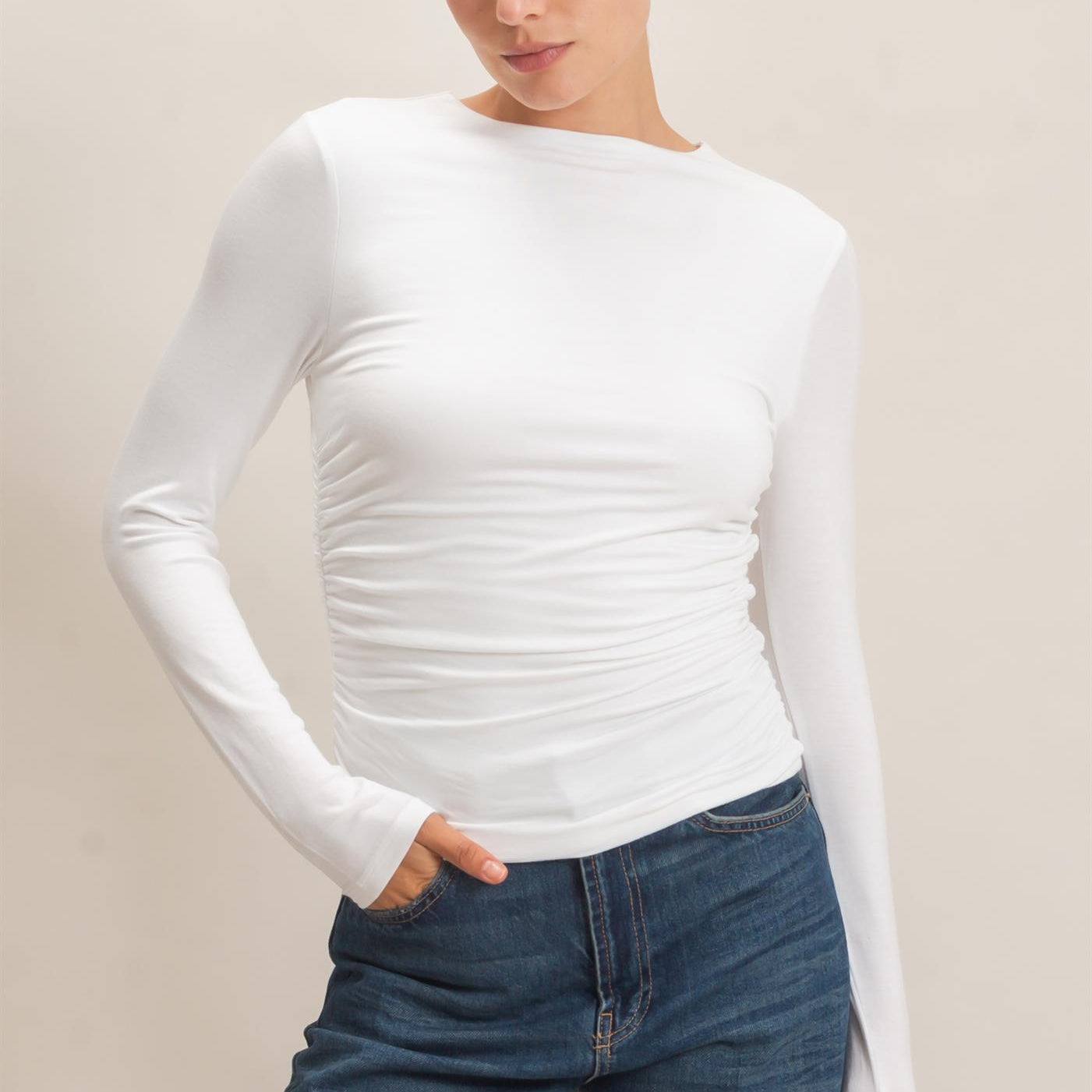 Wholesale Ruched Long Sleeve Top Clothing Tops HF26E776 OFF WHITE HYFVE