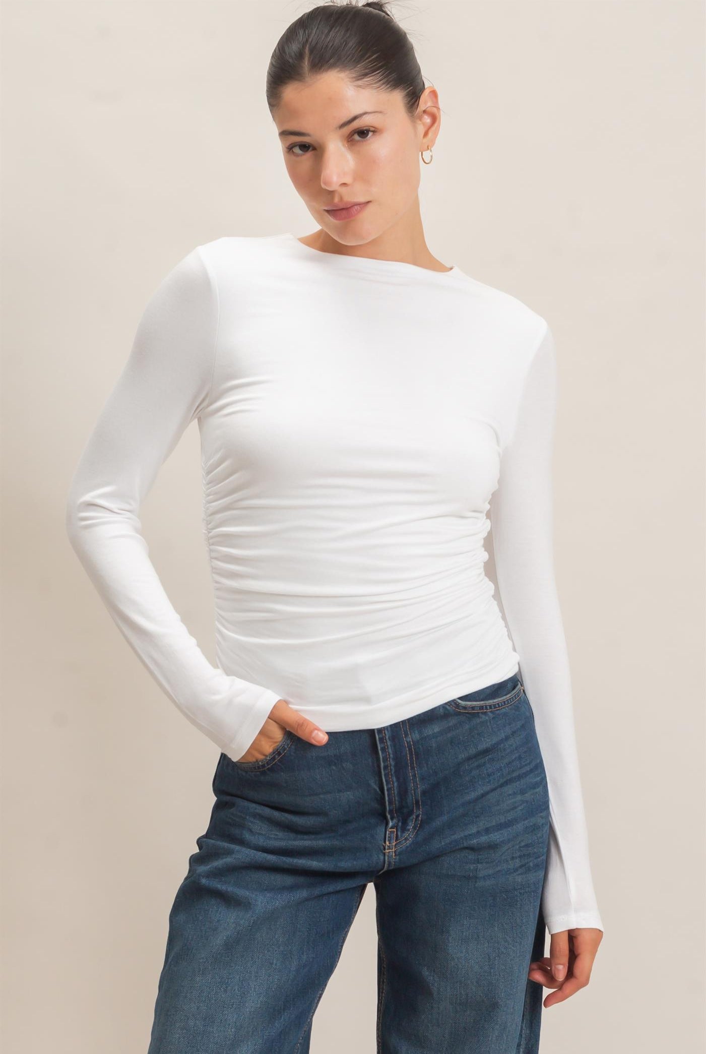 Wholesale Ruched Long Sleeve Top Clothing Tops HF26E776 OFF WHITE HYFVE