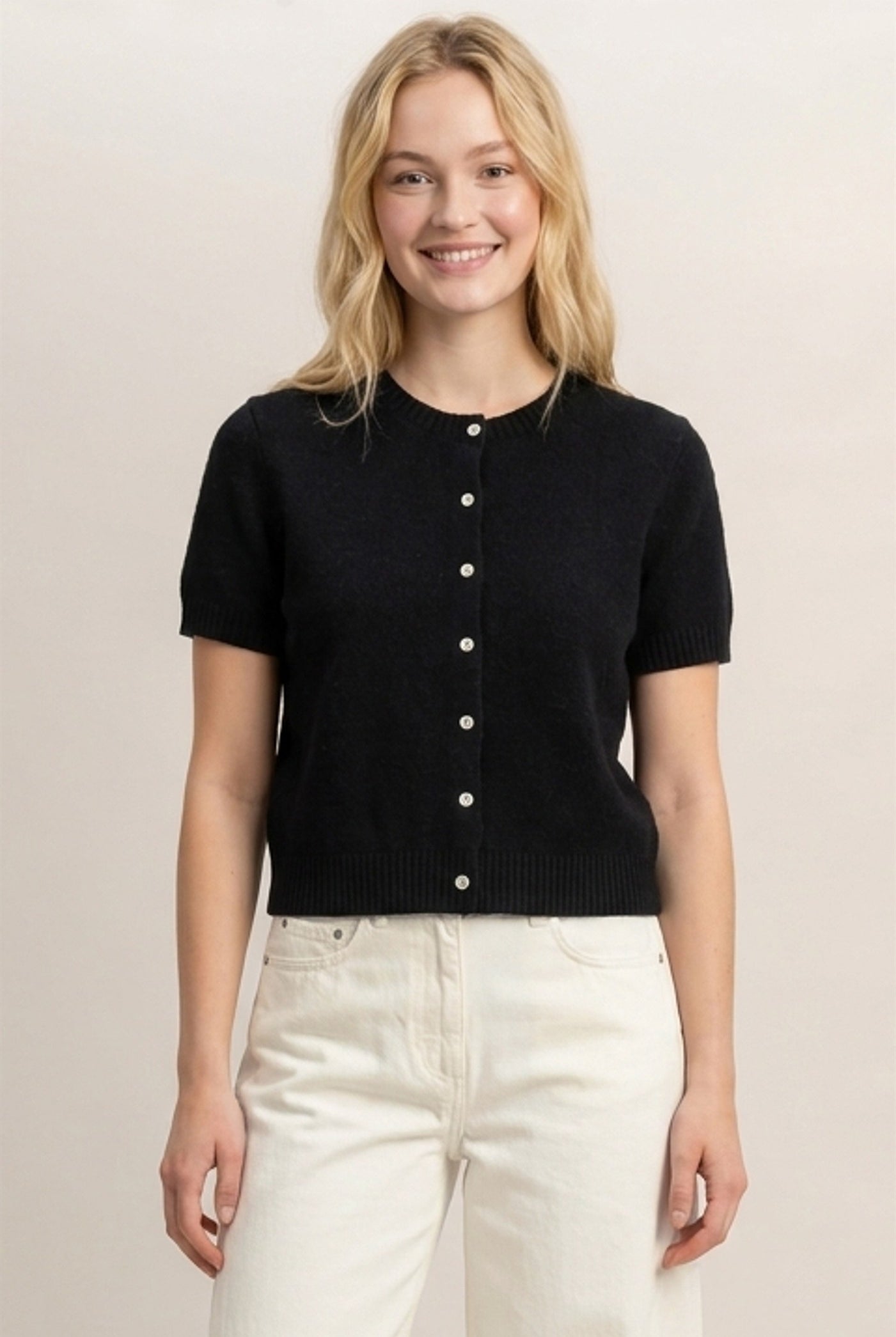 Wholesale Crew Neck Short Sleeve Cardigan Cardigans DZ26E108 BLACK DOUBLE ZERO