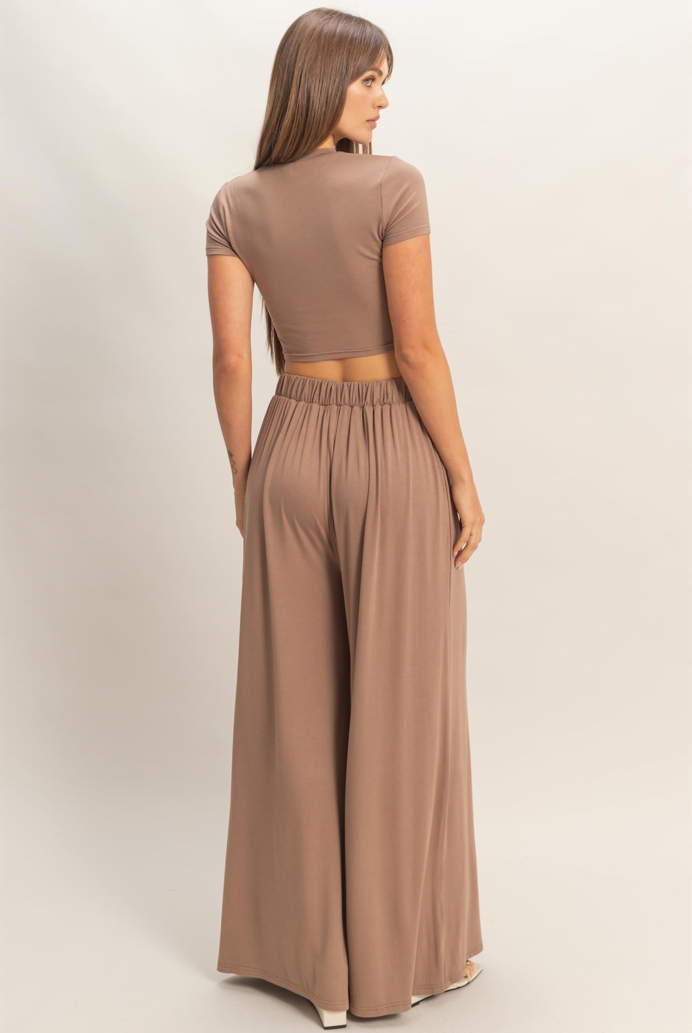 Wholesale Short Sleeve Top & Wide Leg Pants Set Clothing HF26C310-SET-D D.TAUPE HYFVE