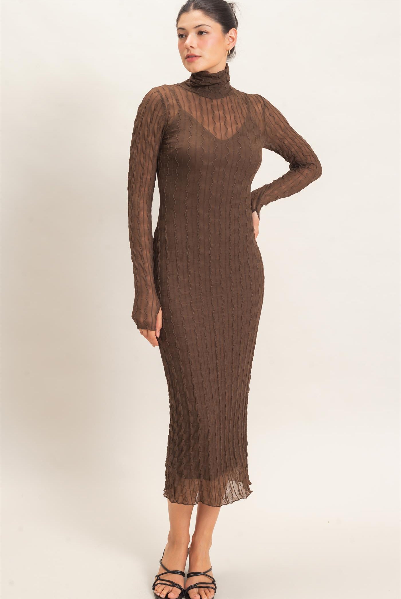 Wholesale Mesh Knit Maxi Dress Dresses HF26C890 BROWN HYFVE