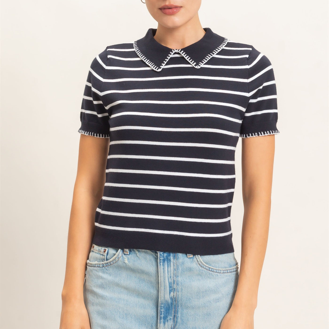 Wholesale Striped Polo Collar Sweater Sweaters HF26E233 NAVY HYFVE